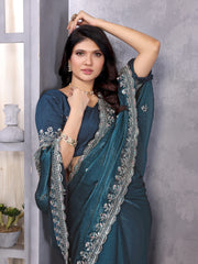 Blue Jimmy Choo Silk Saree With Multi Colour Embroidery Work