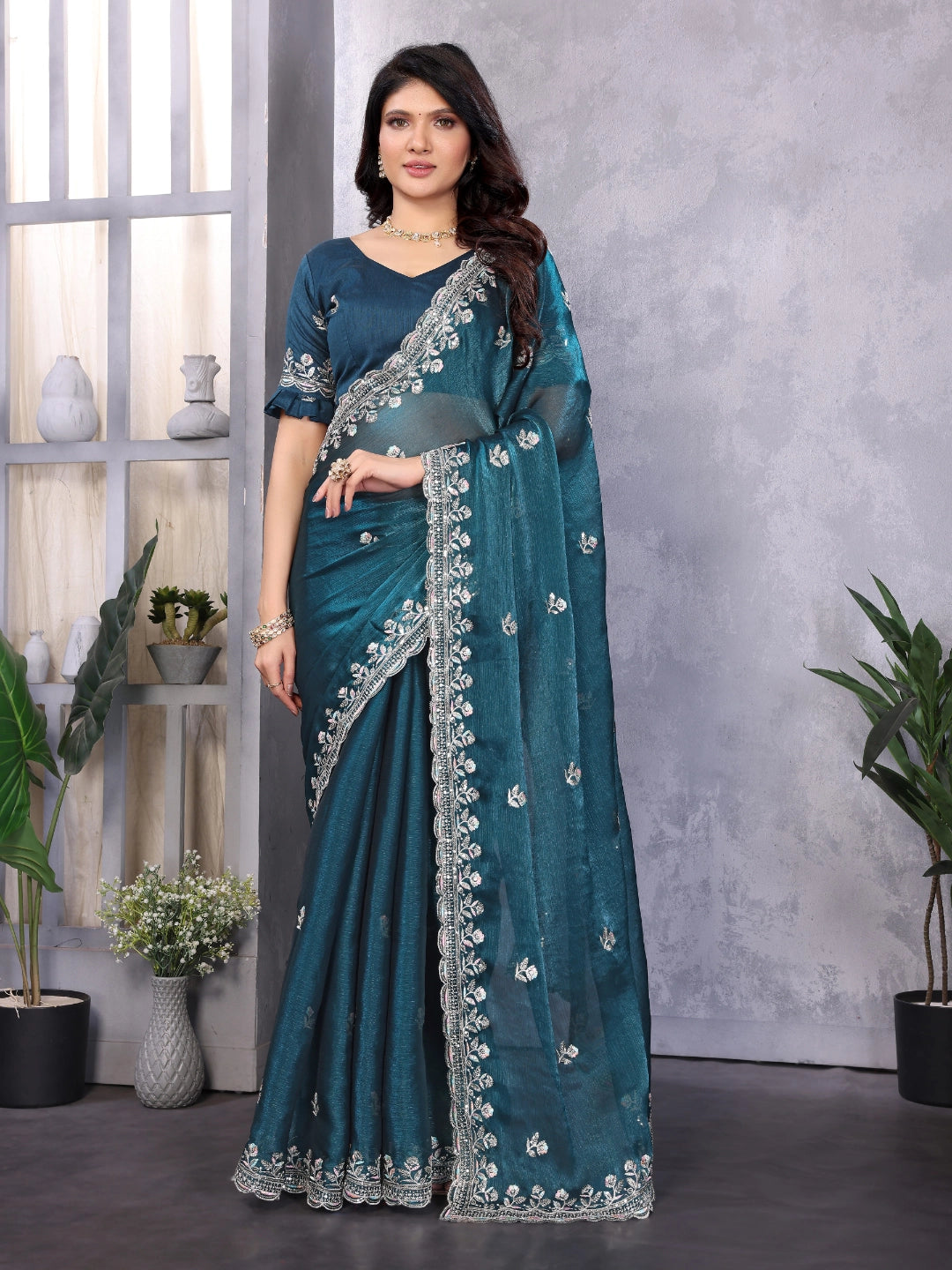 Blue Satin Silk Embroidered Saree
