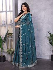 Blue Jimmy Choo Silk Saree With Multi Colour Embroidery Work