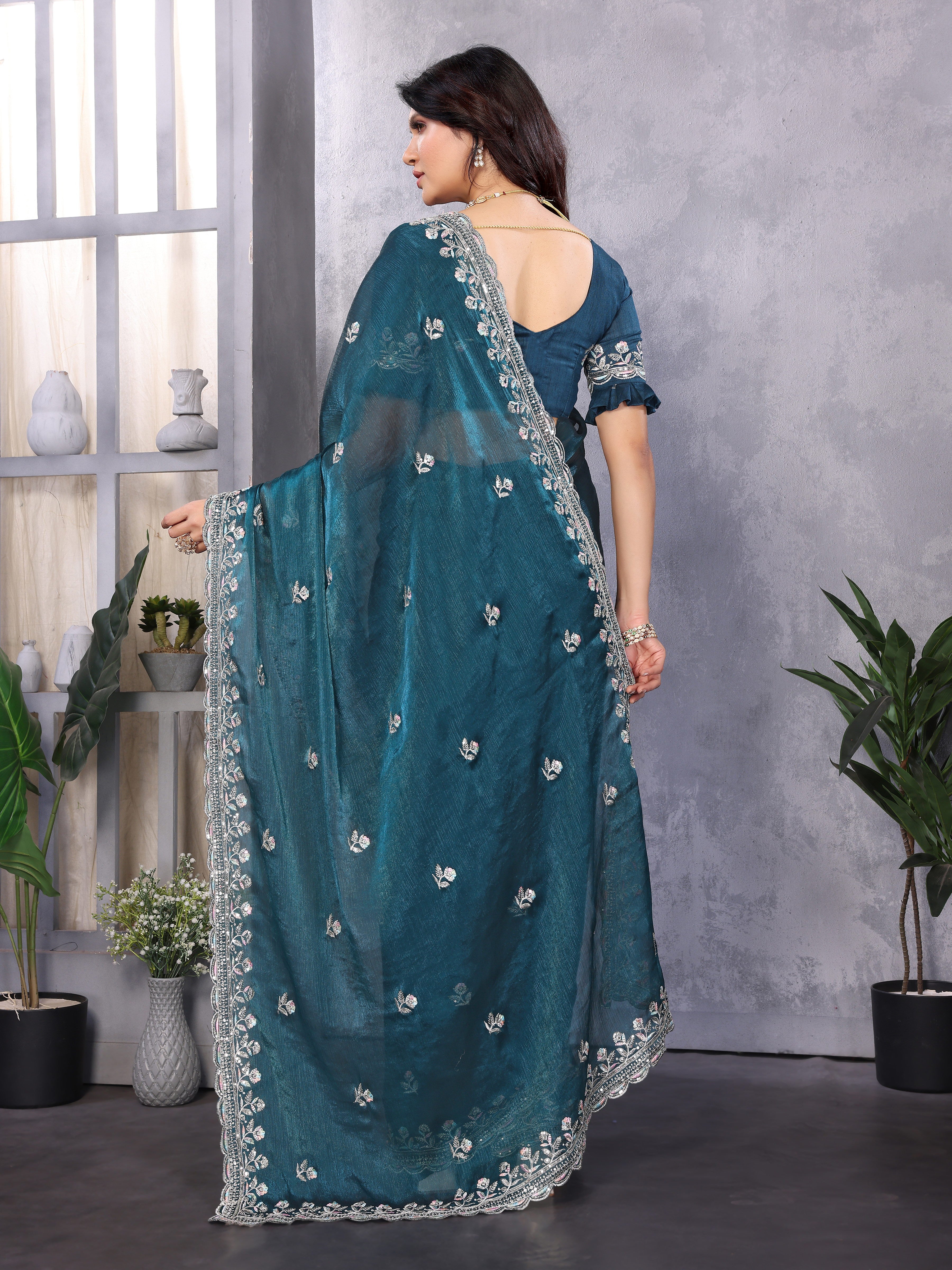 Blue Jimmy Choo Silk Saree With Multi Colour Embroidery Work