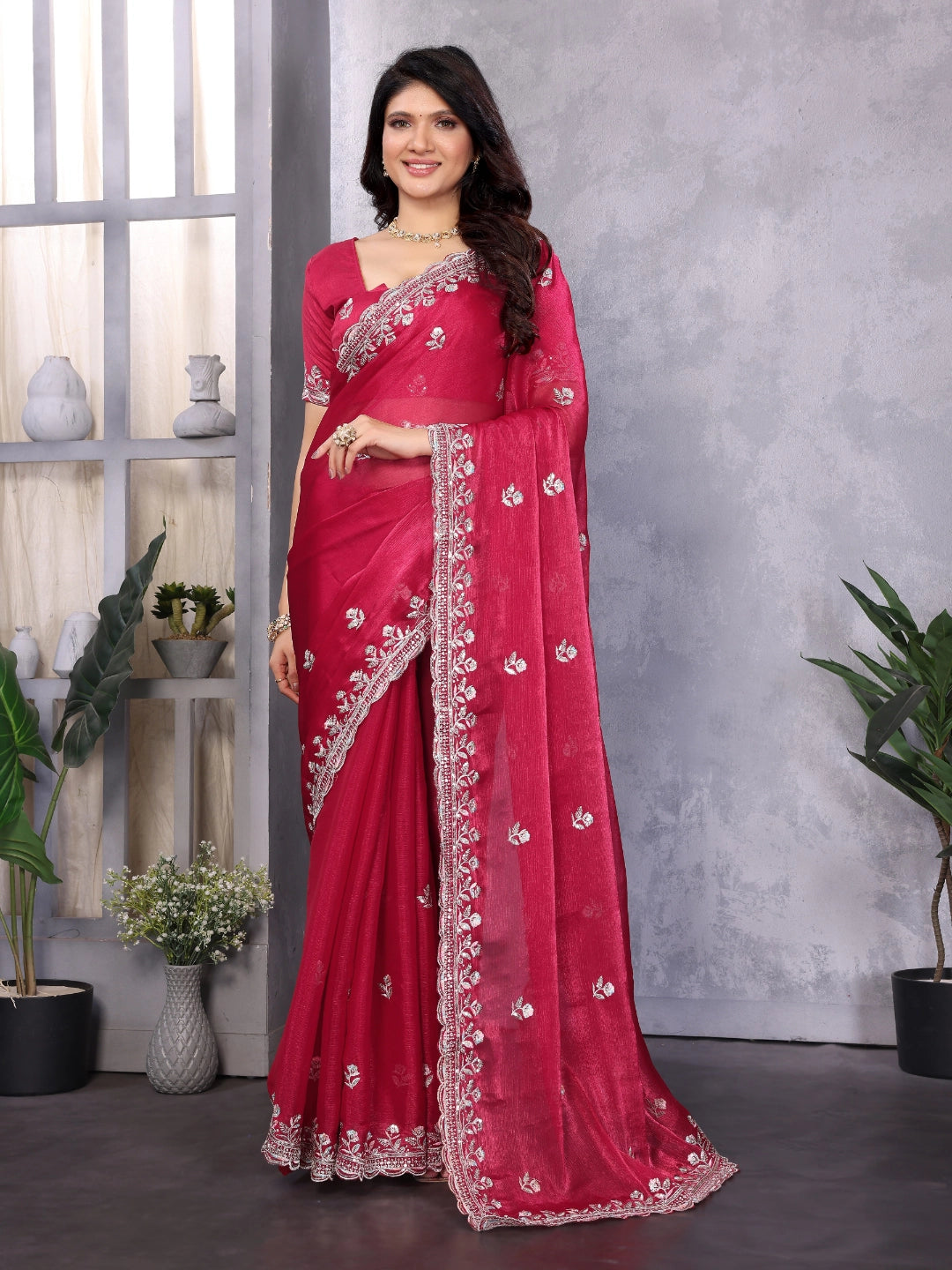 Rani Pink Jimmy Choo Silk Saree With Multi Colour Embroidery Work