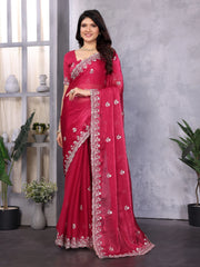 Rani Pink Jimmy Choo Silk Saree With Multi Colour Embroidery Work