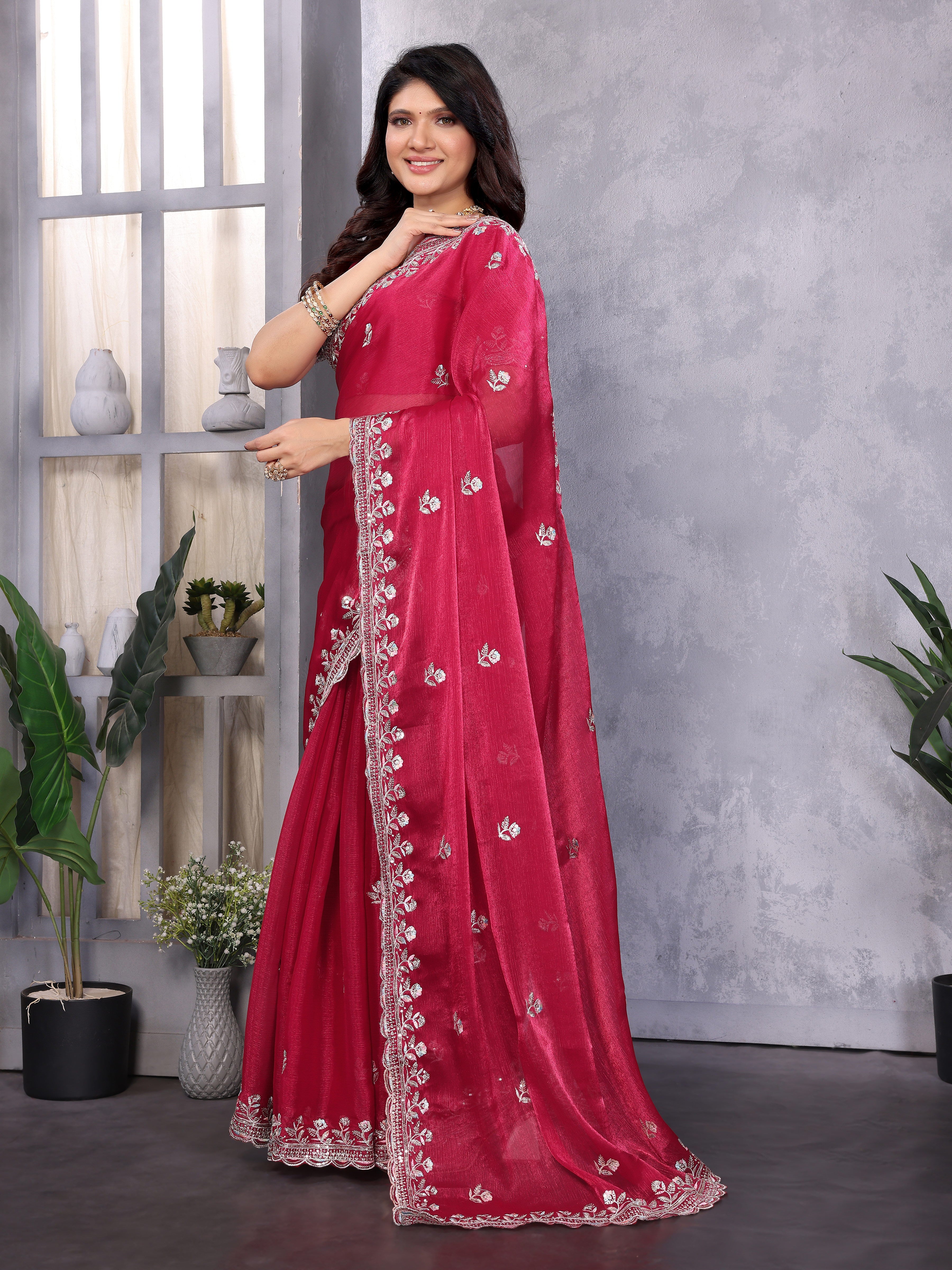 Red Jimmy Choo Silk Saree With Multi Colour Embroidery Work