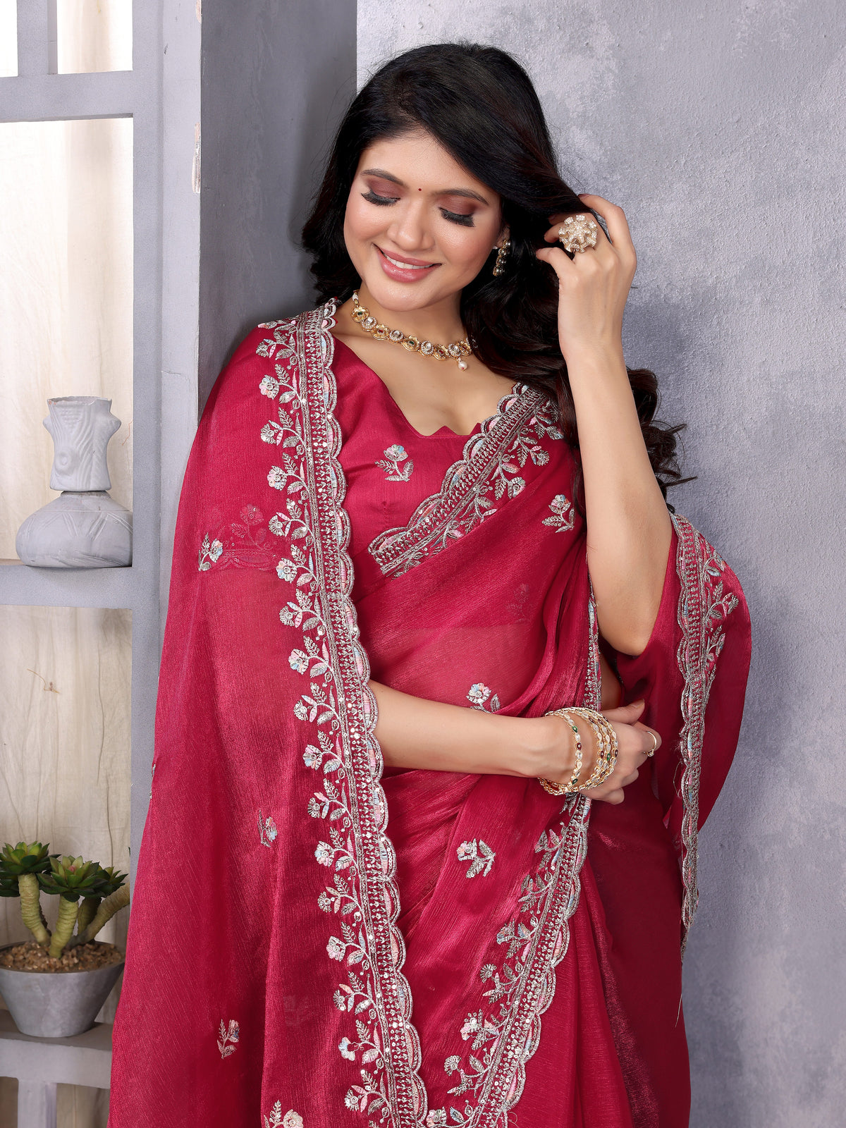 Red Jimmy Choo Silk Saree With Multi Colour Embroidery Work