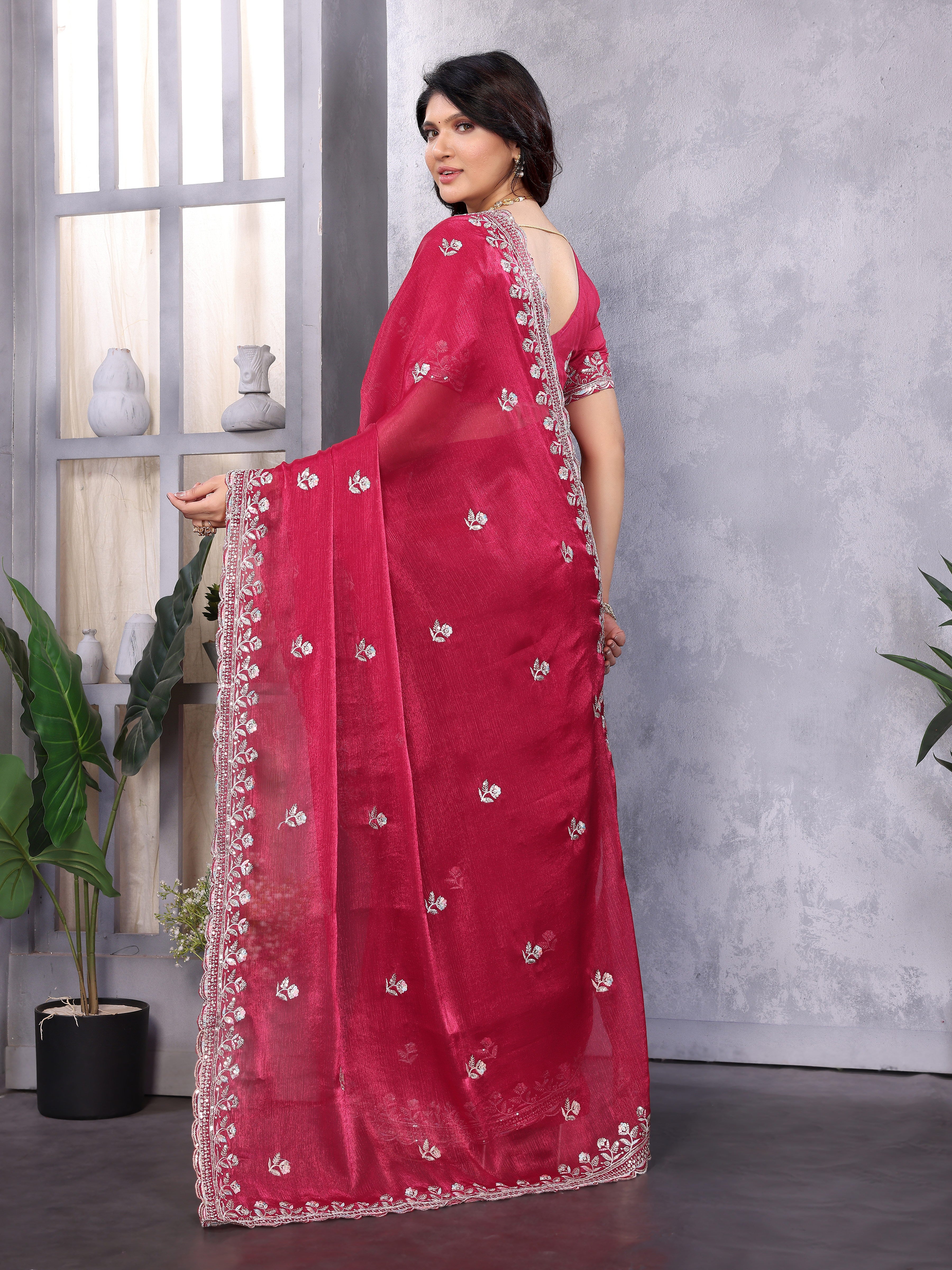 Red Jimmy Choo Silk Saree With Multi Colour Embroidery Work