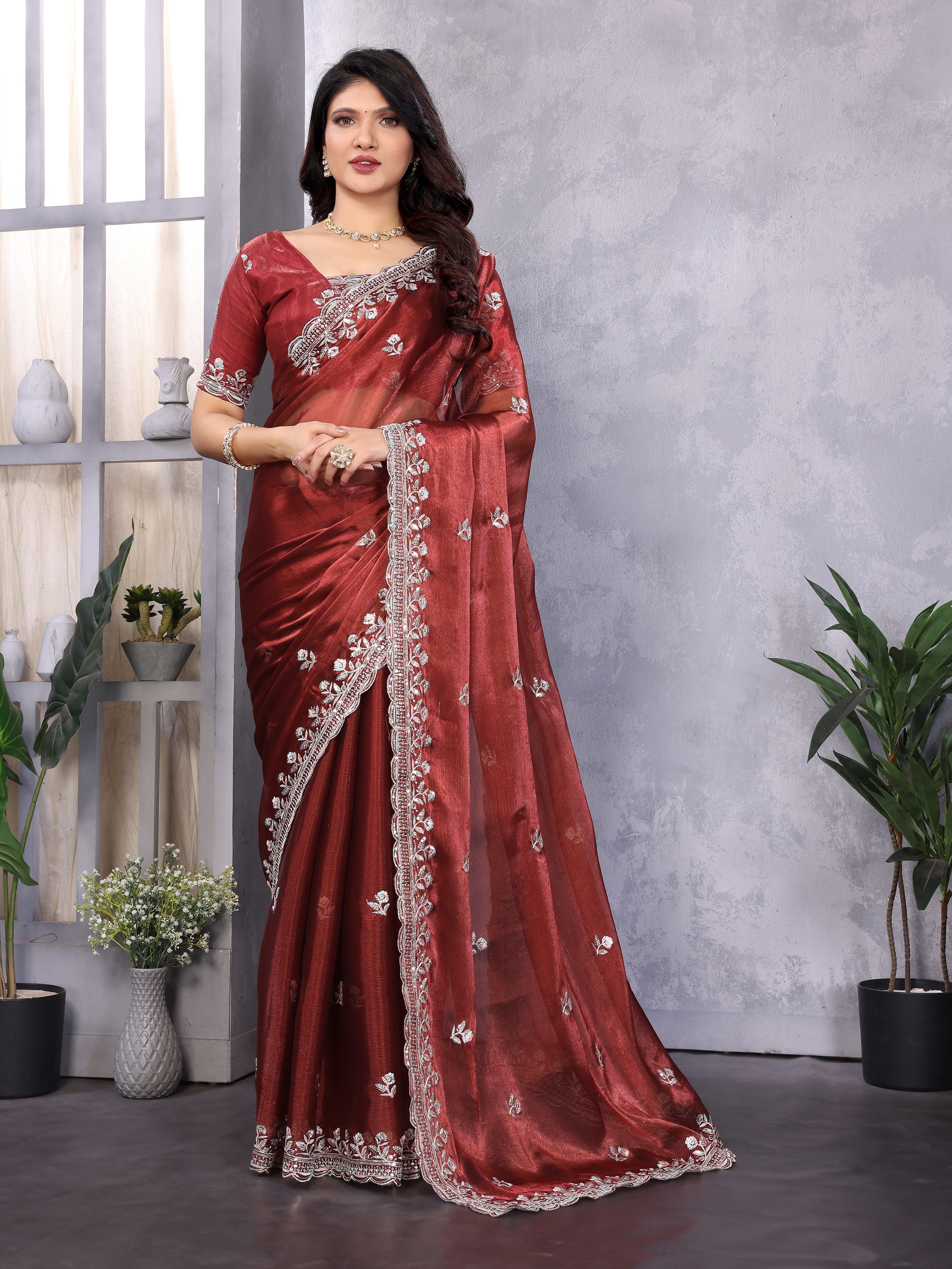 Brown Jimmy Choo Silk Saree With Multi Colour Embroidery Work