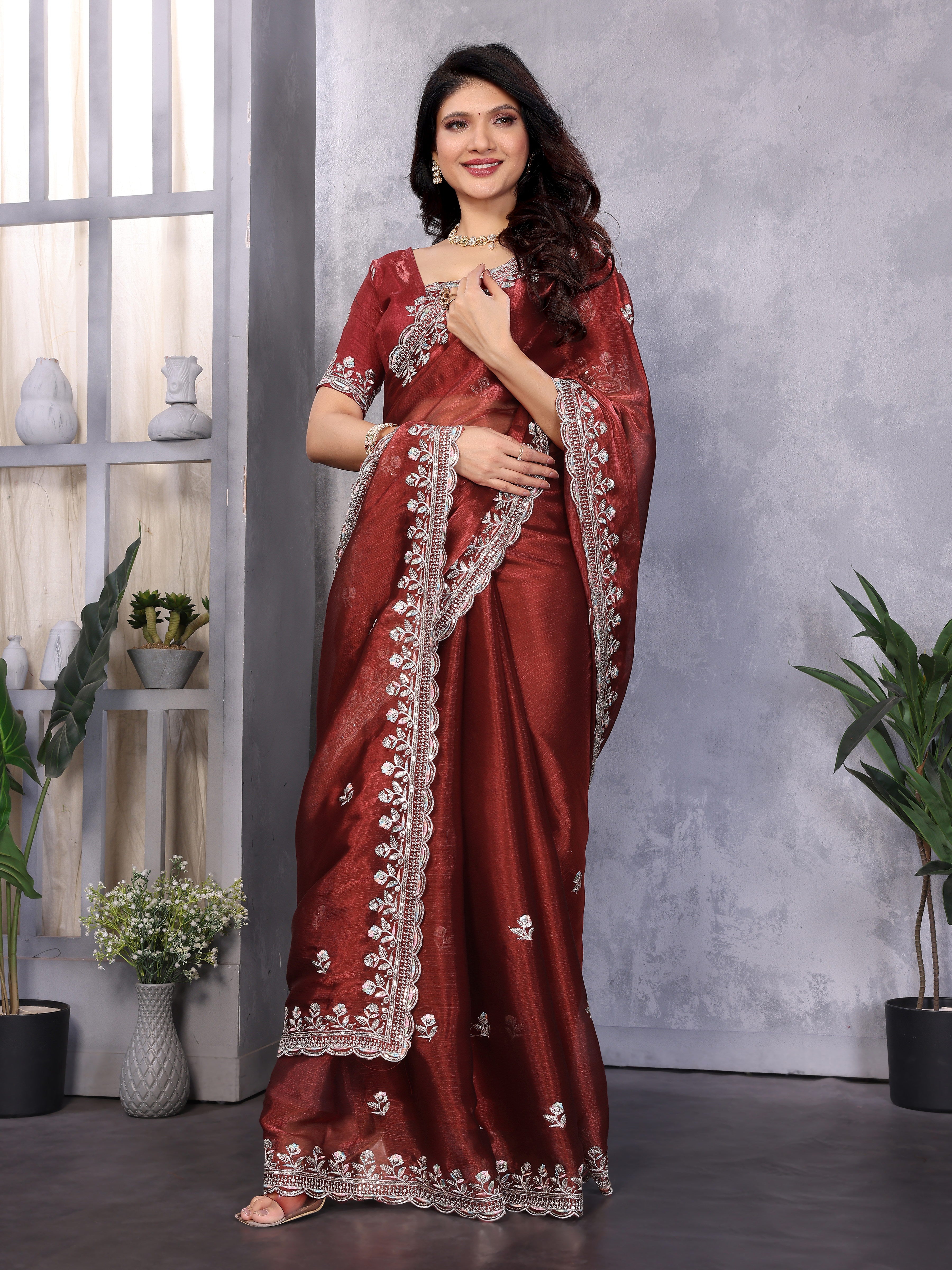 Brown Jimmy Choo Silk Saree With Multi Colour Embroidery Work