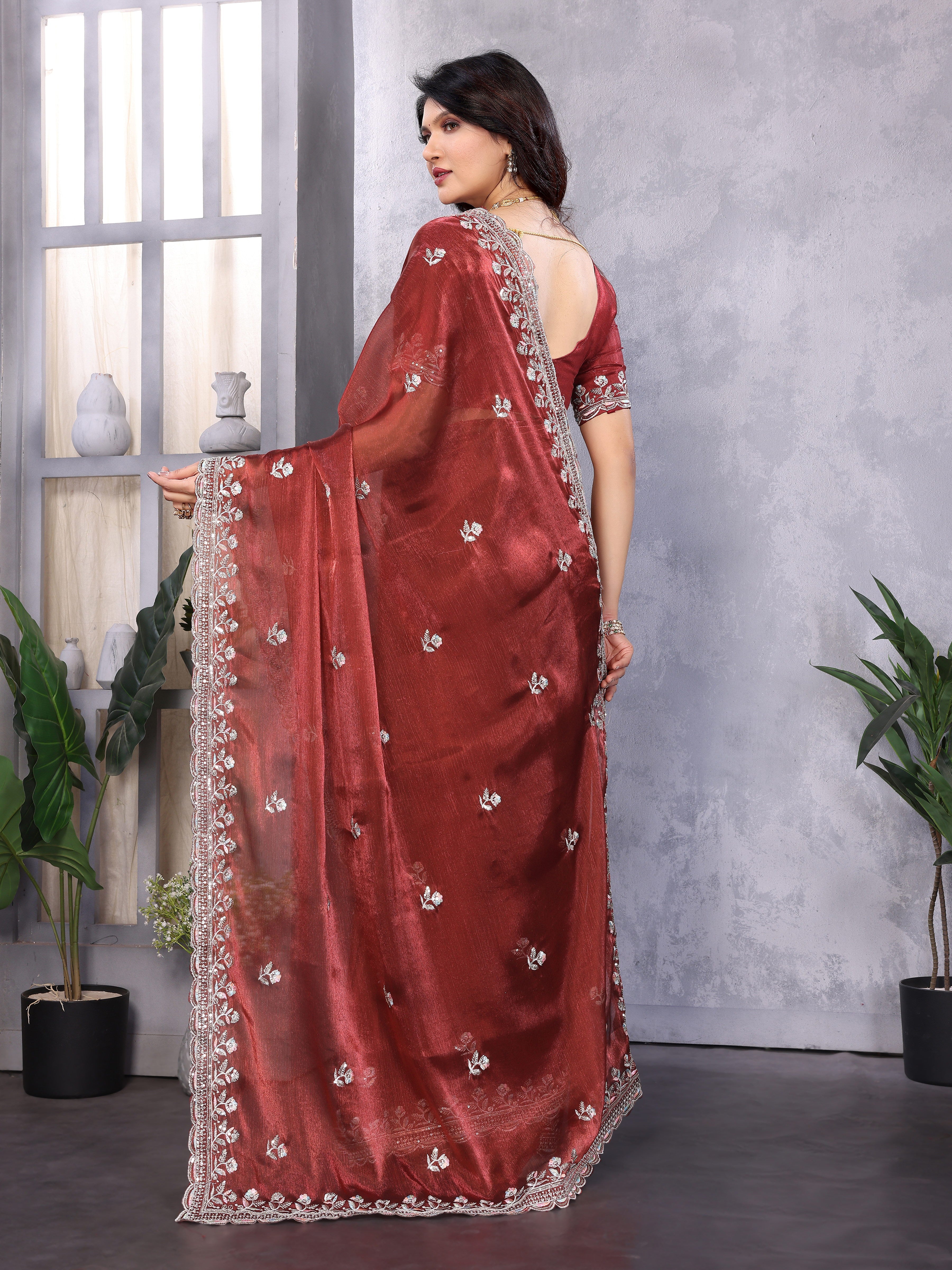 Brown Jimmy Choo Silk Saree With Multi Colour Embroidery Work