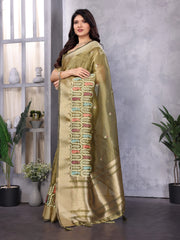 Mehendi Green Cotton Khadi Silk Saree with Sequence Work