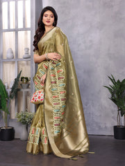 Mehendi Green Cotton Khadi Silk Saree with Sequence Work