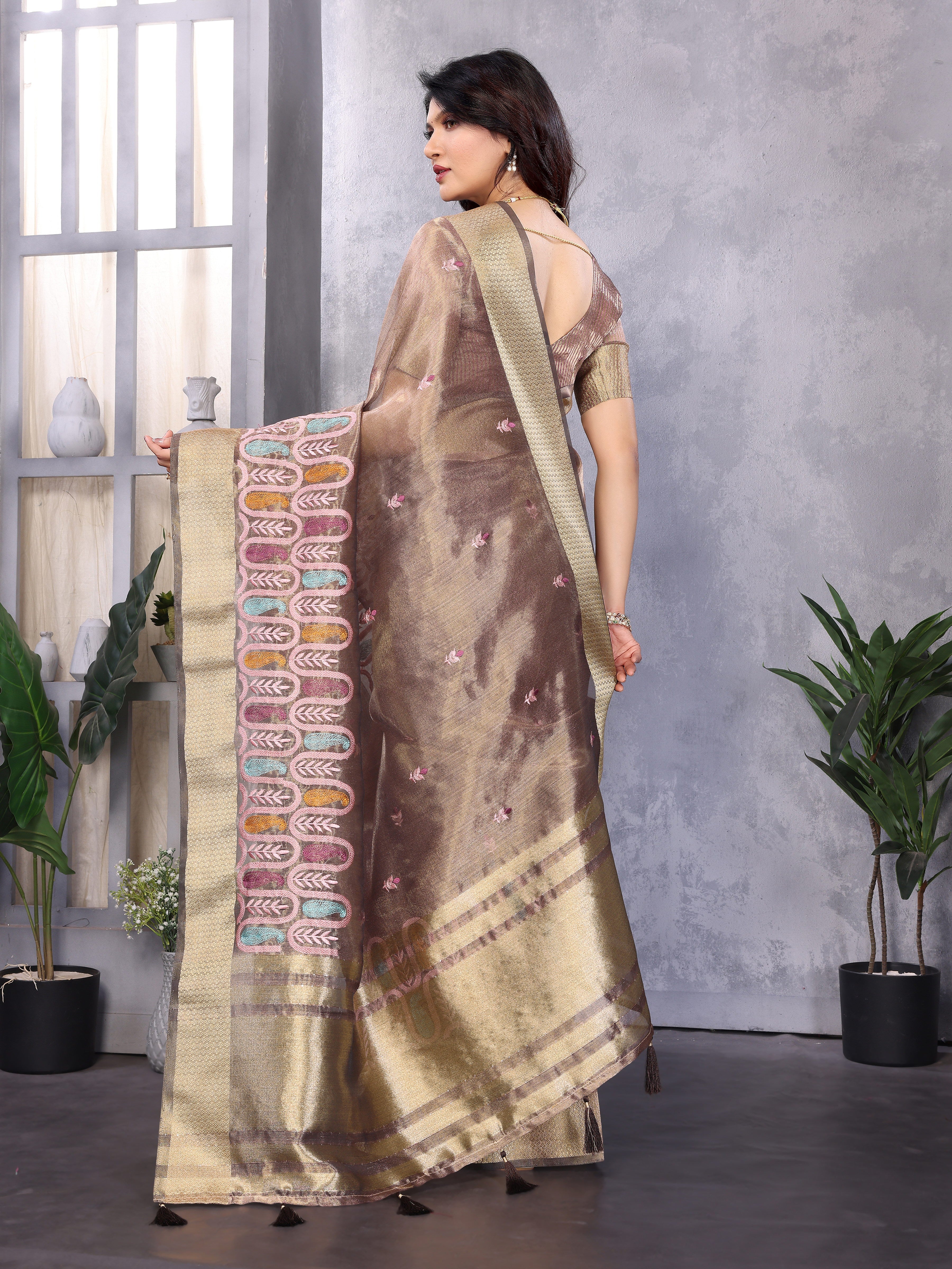 Wine Cotton Khadi SIlk Saree with Siquence Work