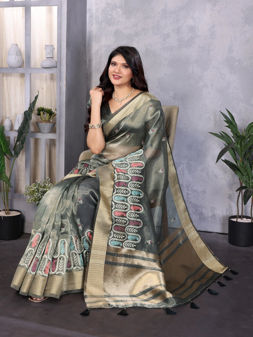 Blue Cotton Khadi Silk Saree