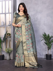 Blue Cotton Khadi SIlk Saree with Siquence Work