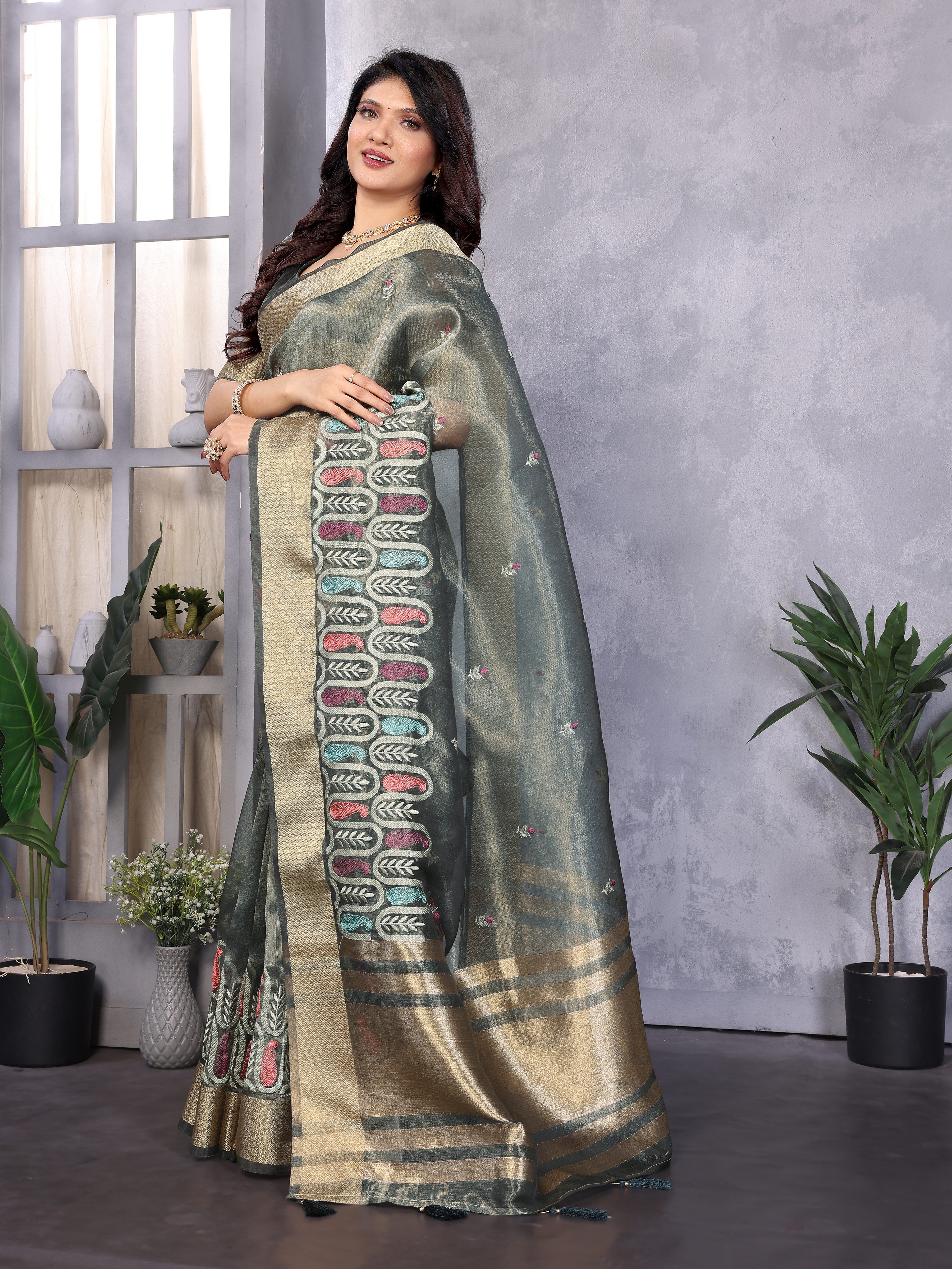 Blue Cotton Khadi SIlk Saree with Siquence Work