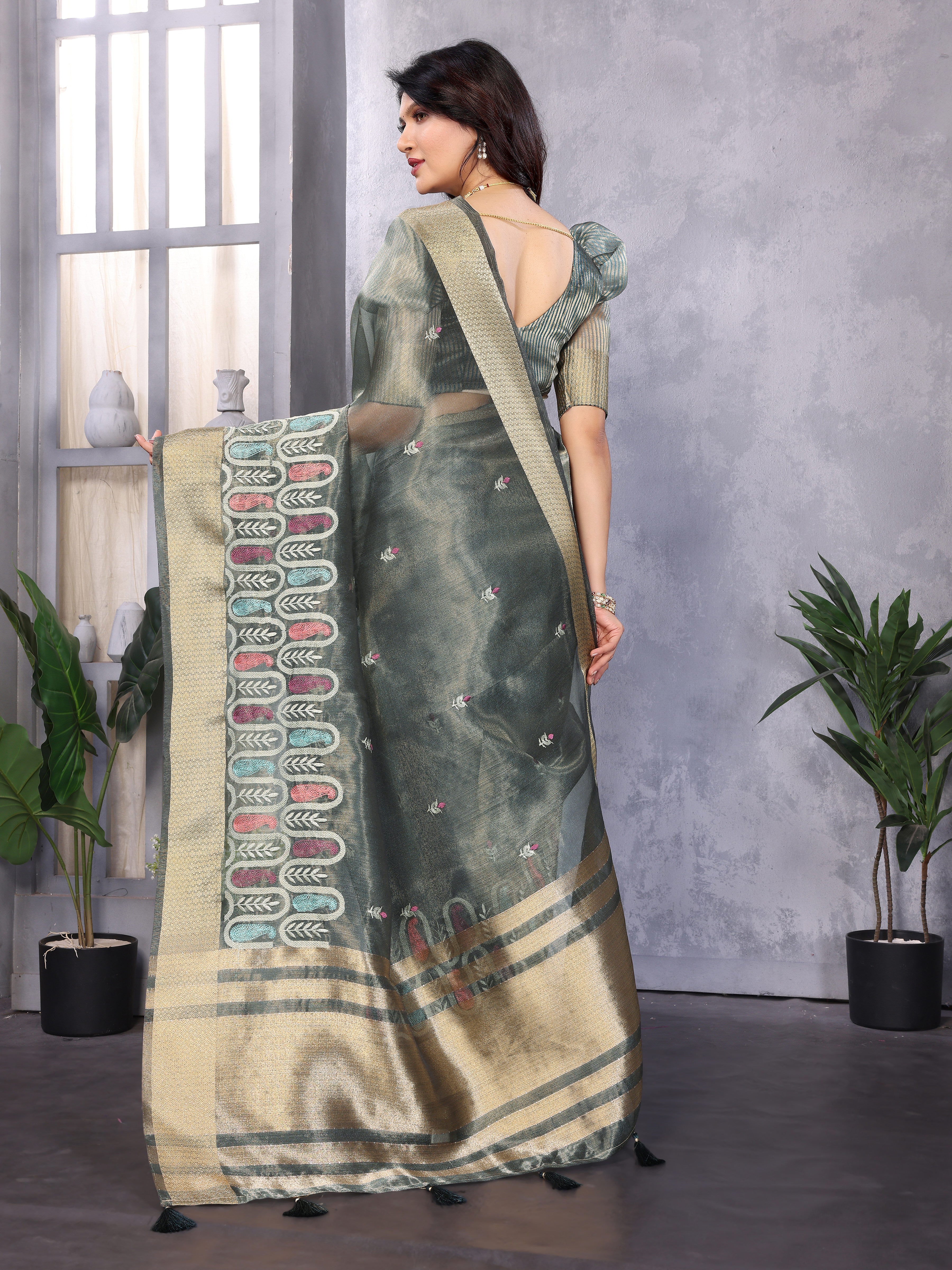 Blue Cotton Khadi SIlk Saree with Siquence Work