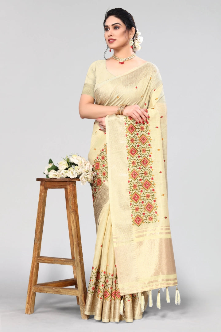 Creamish Yellow Floral Embroidery Saree