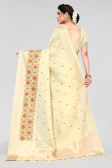 Creamish Yellow Floral Embroidery Saree