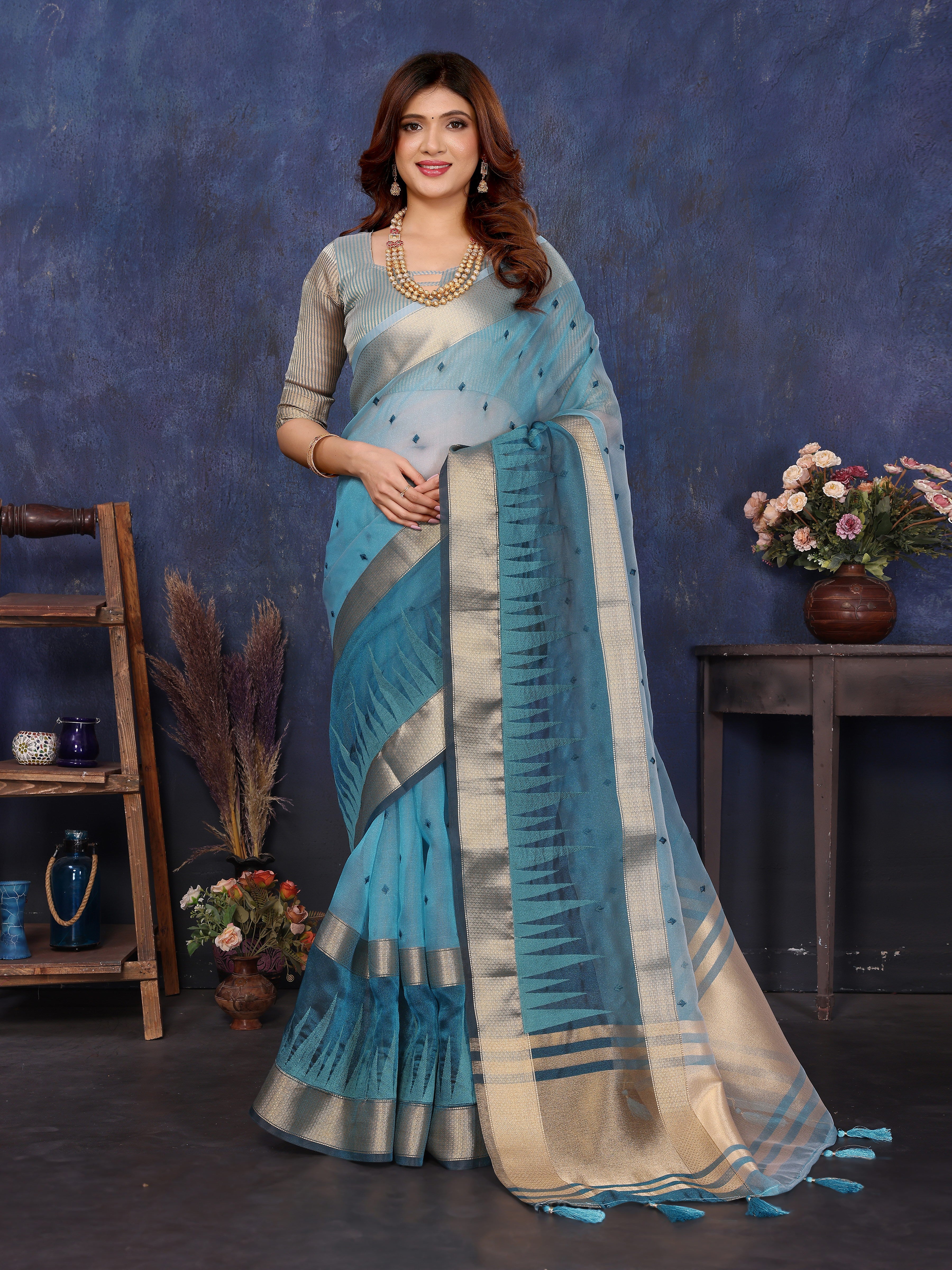 Blue Cotton Tissue Silk Sequence work Saree