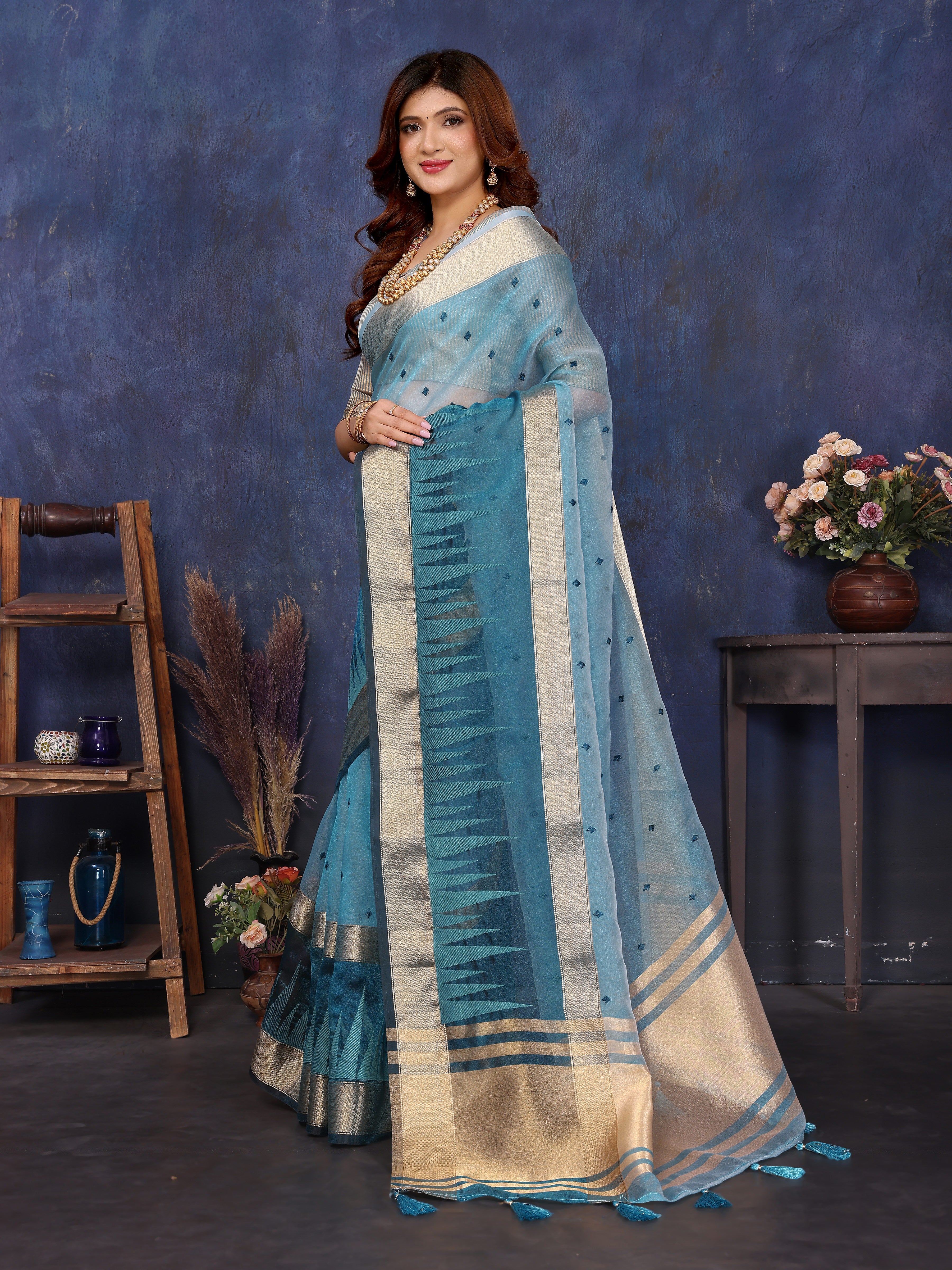 Blue Cotton Tissue Silk Sequence work Saree