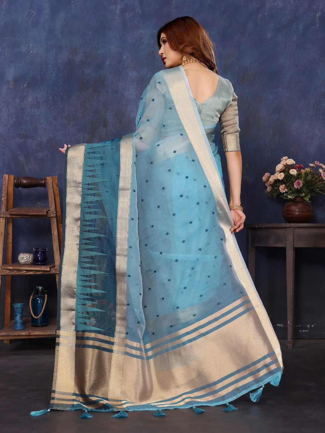 Blue Cotton Tissue Silk Sequence work Saree