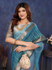 Blue Cotton Tissue Silk Sequence work Saree