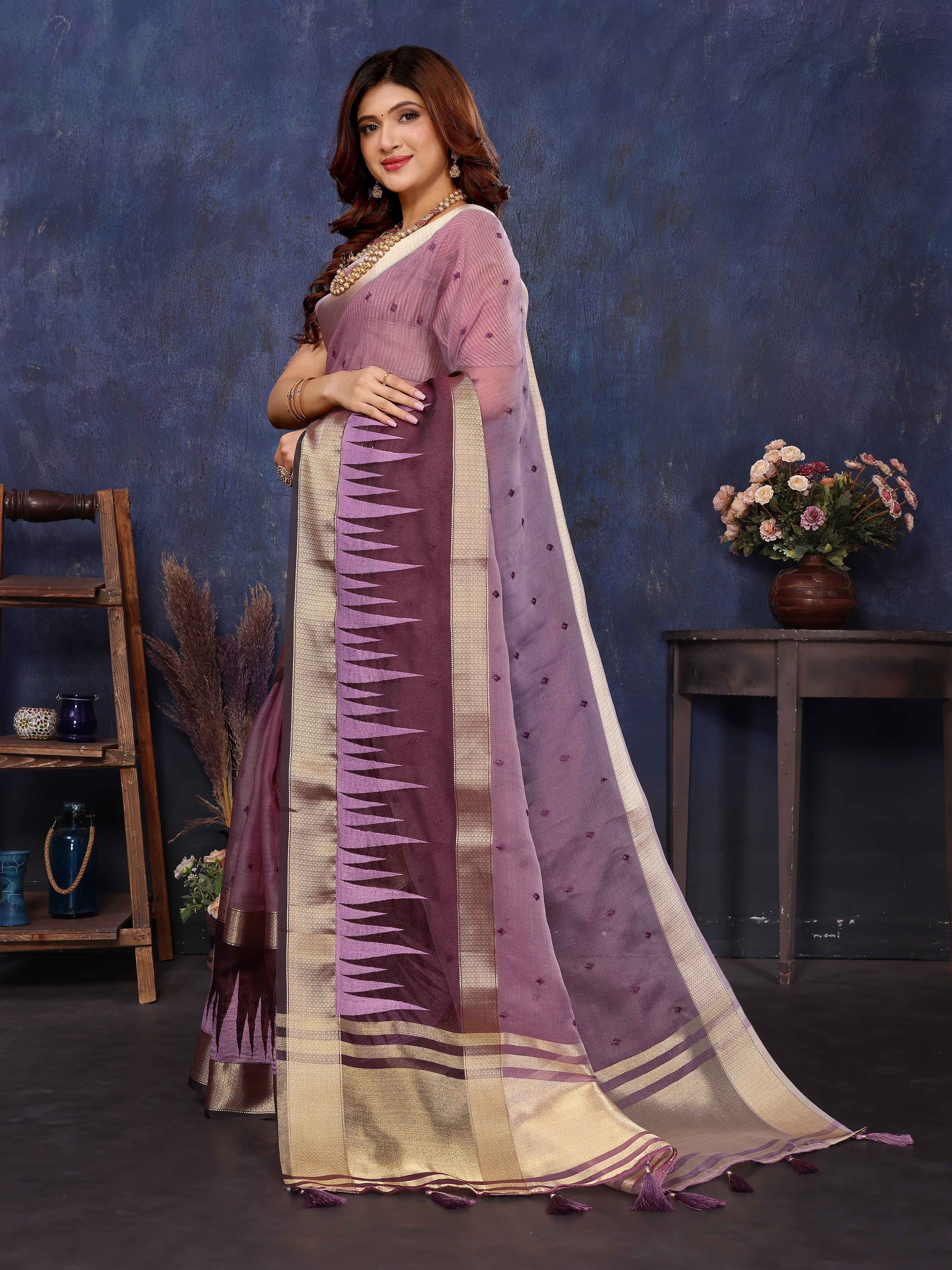 Purple Cotton Tissue Silk Sequence work Saree