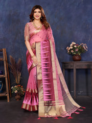 Pink Cotton Tissue Silk Sequence work Saree