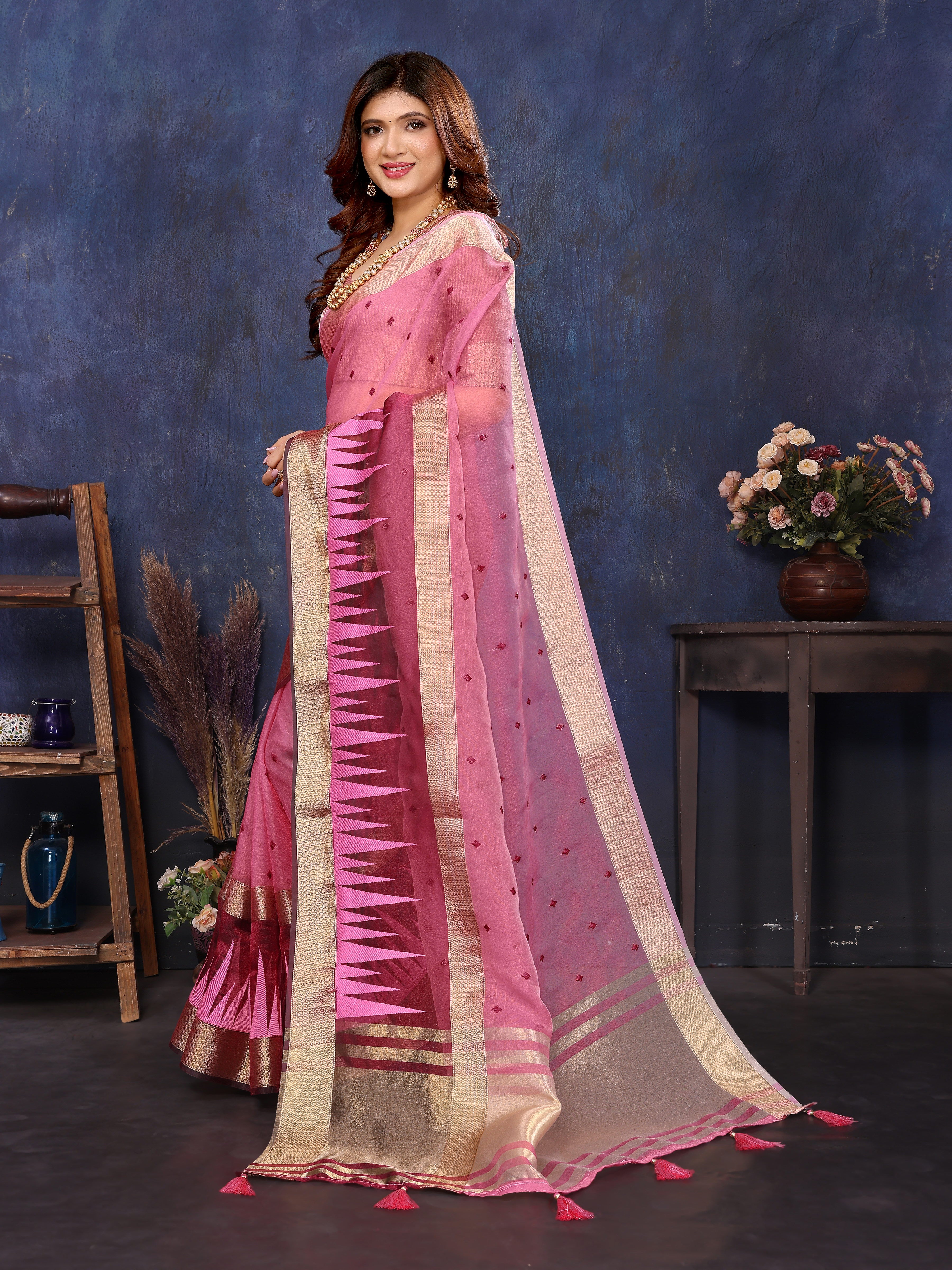 Pink Cotton Tissue Silk Sequence work Saree