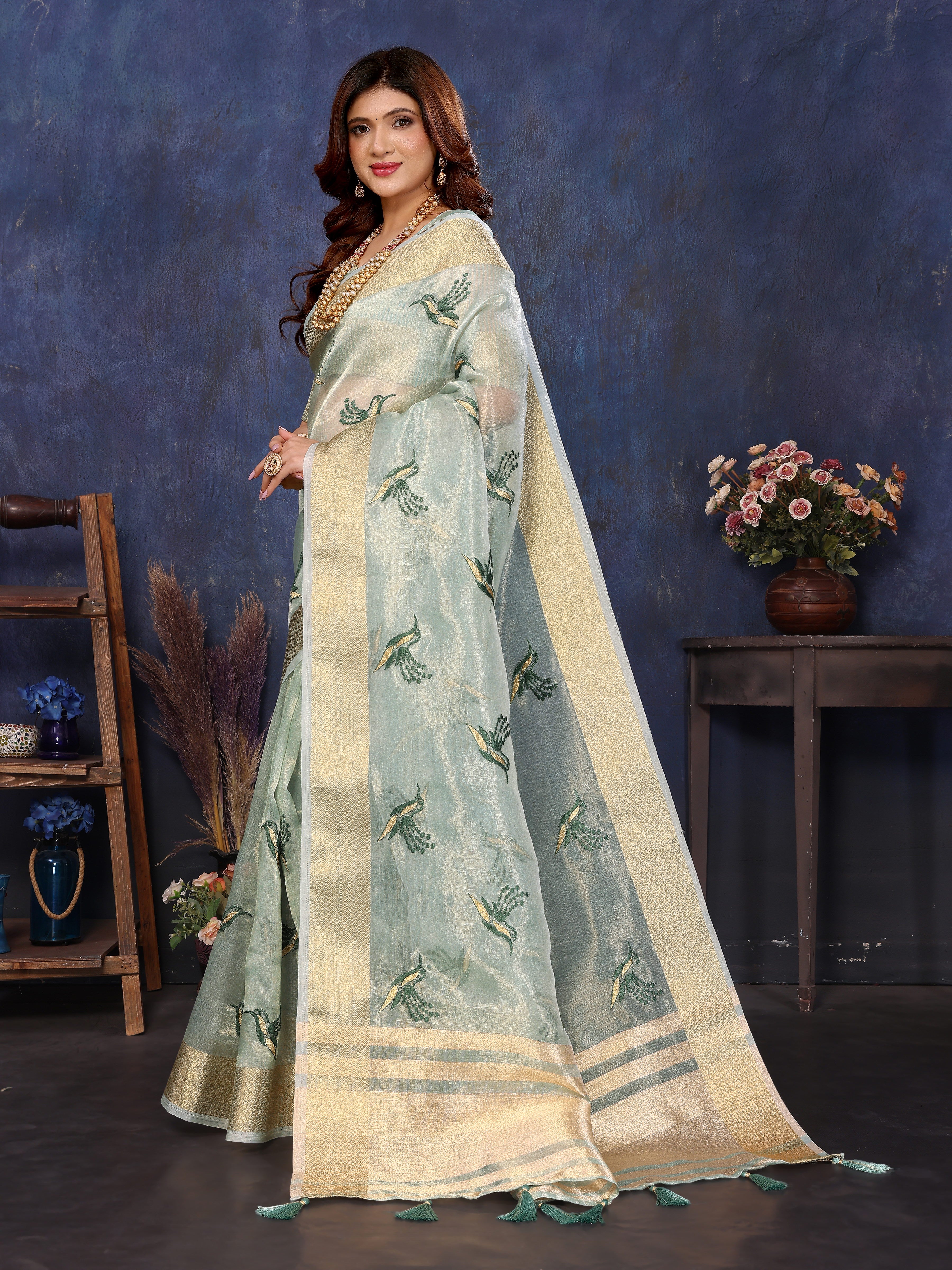 Blue Viscose Thread Work Saree