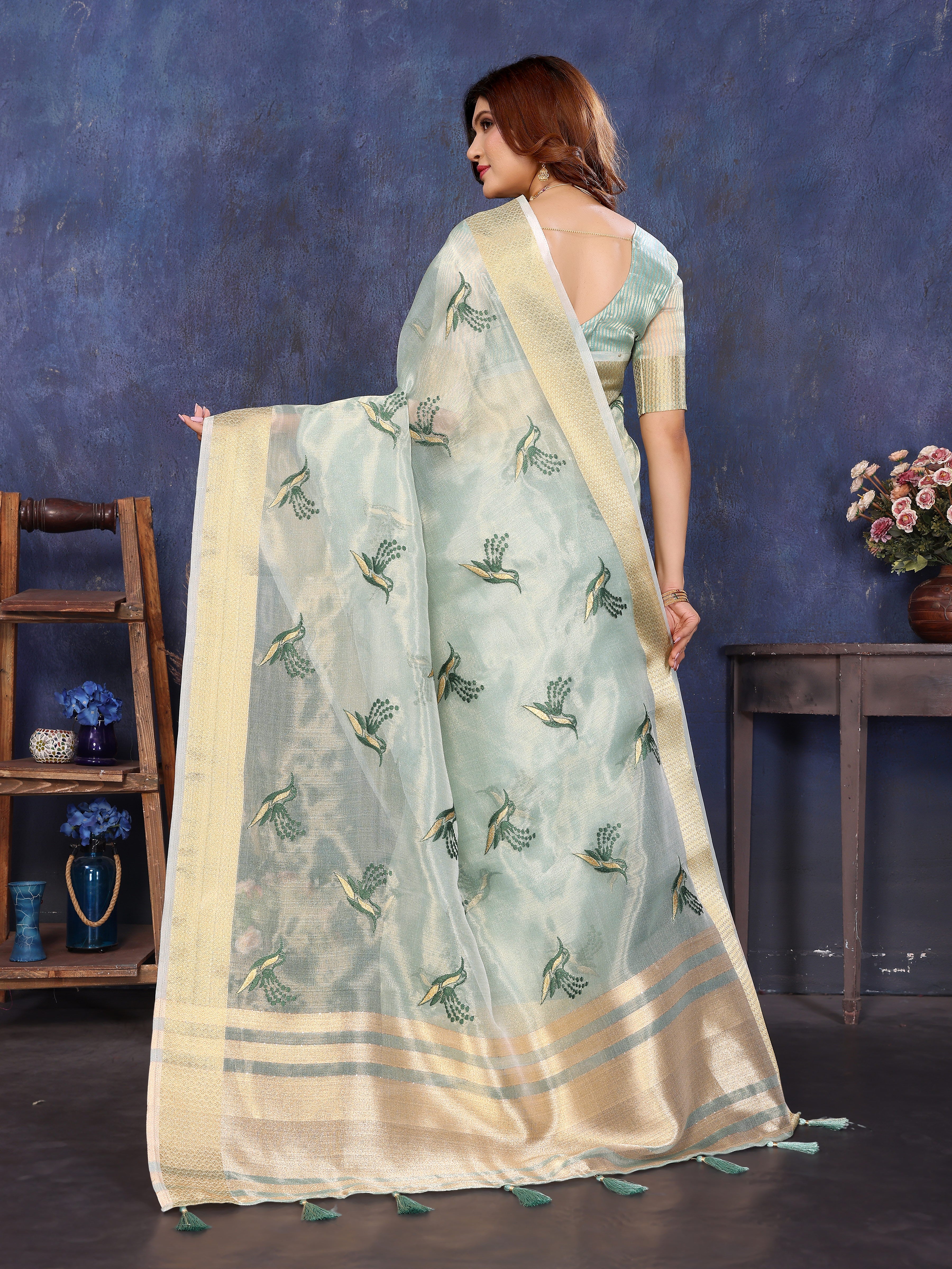Blue Viscose Thread Work Saree