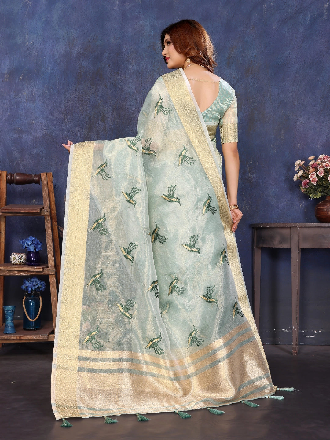 Blue Viscose Thread Work Saree
