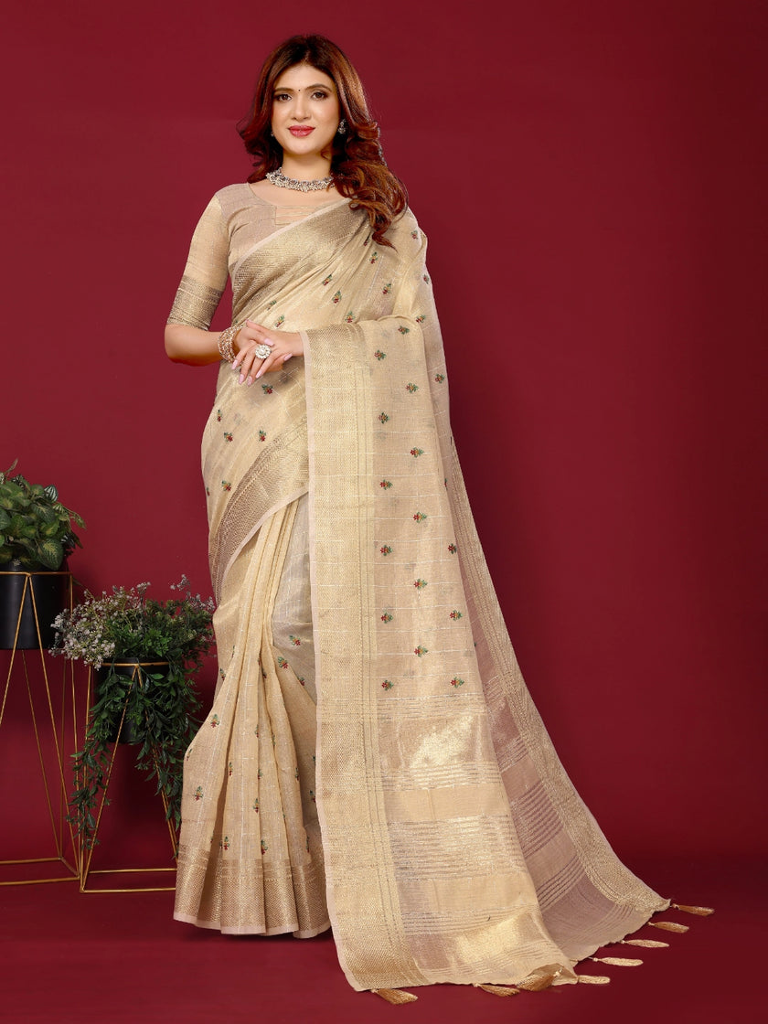 Cream Cotton Silk Thread Work Saree