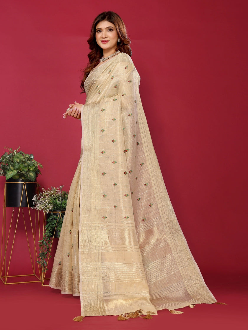 Cream Cotton Silk Thread Work Saree