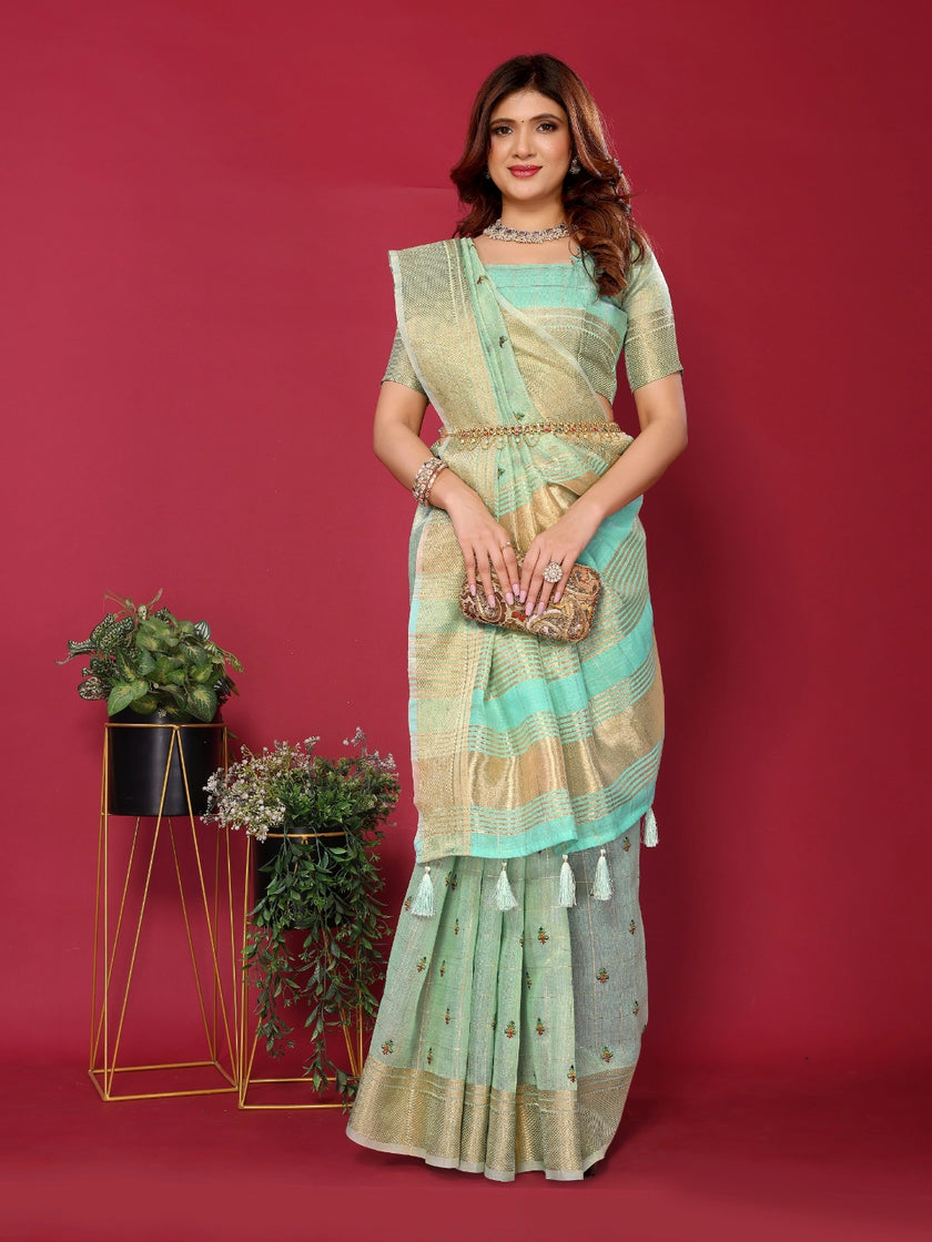 Sea Green Cotton Silk Thread Work Saree
