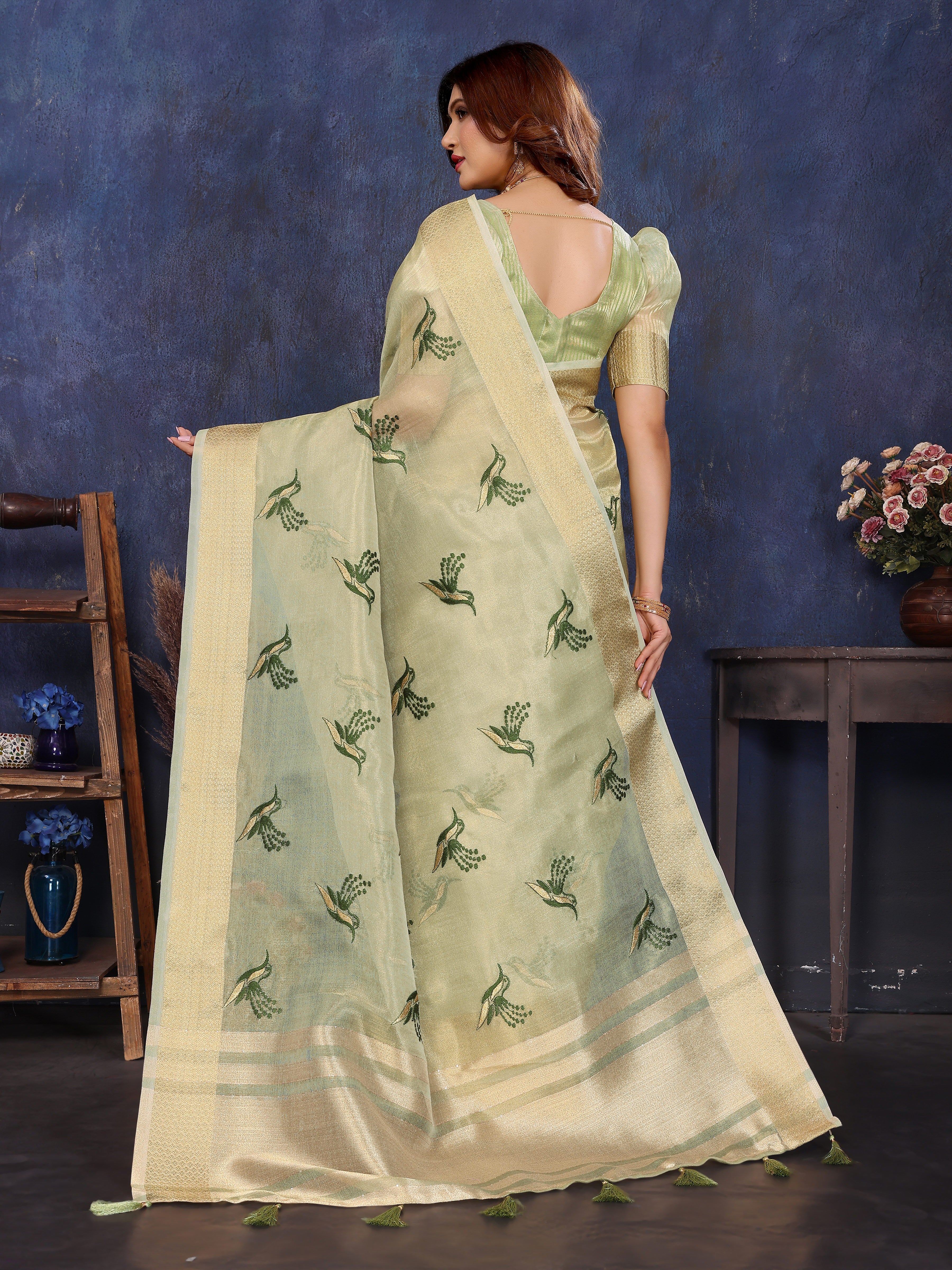 mehendi thread work saree for traditional wear