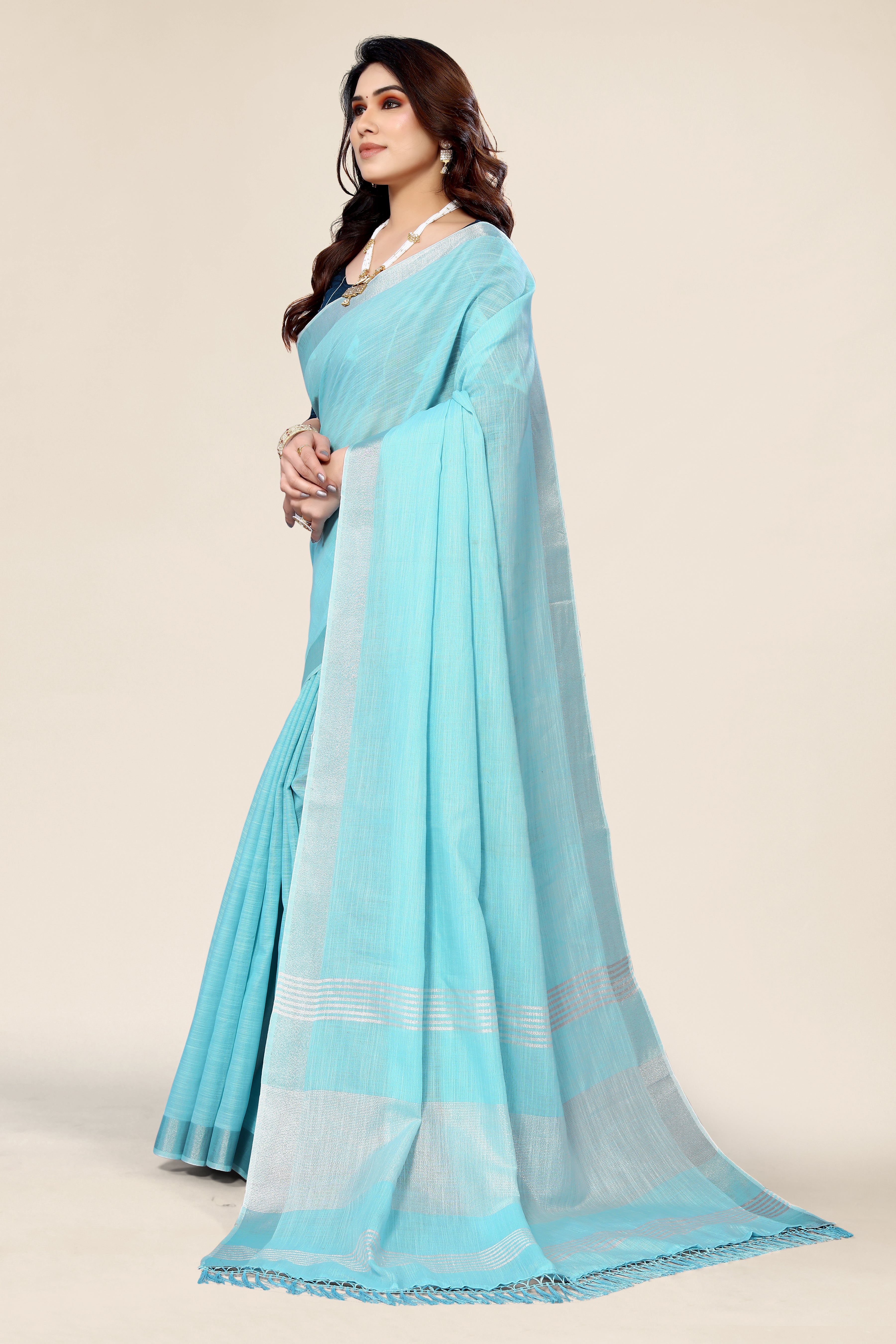 Plain Blue Linen Saree with Embroidered blouse