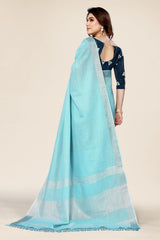 Plain Blue Linen Saree with Embroidered blouse