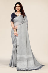 Plain Grey Linen Saree with Embroidered blouse