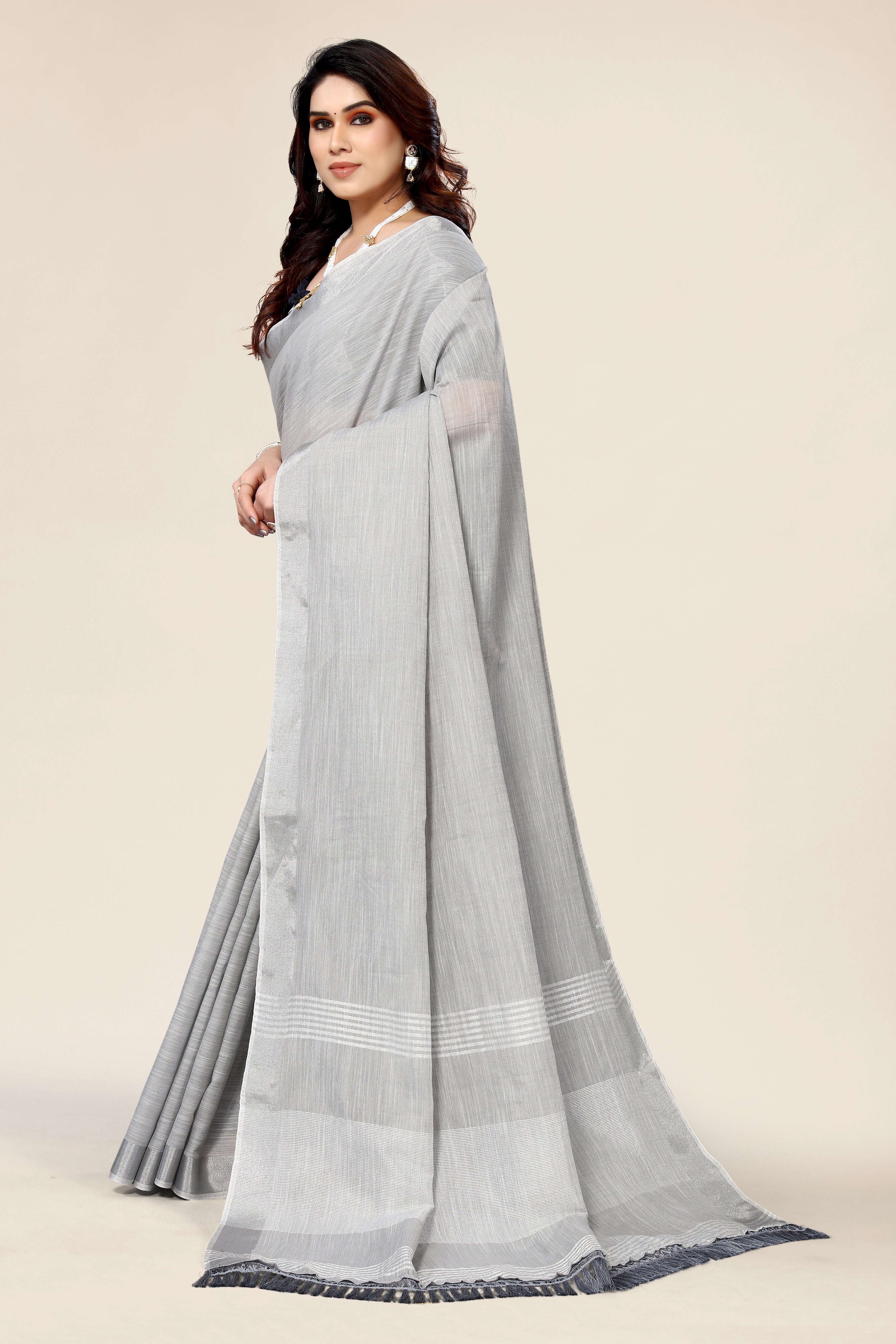 Plain Grey Linen Saree with Embroidered blouse