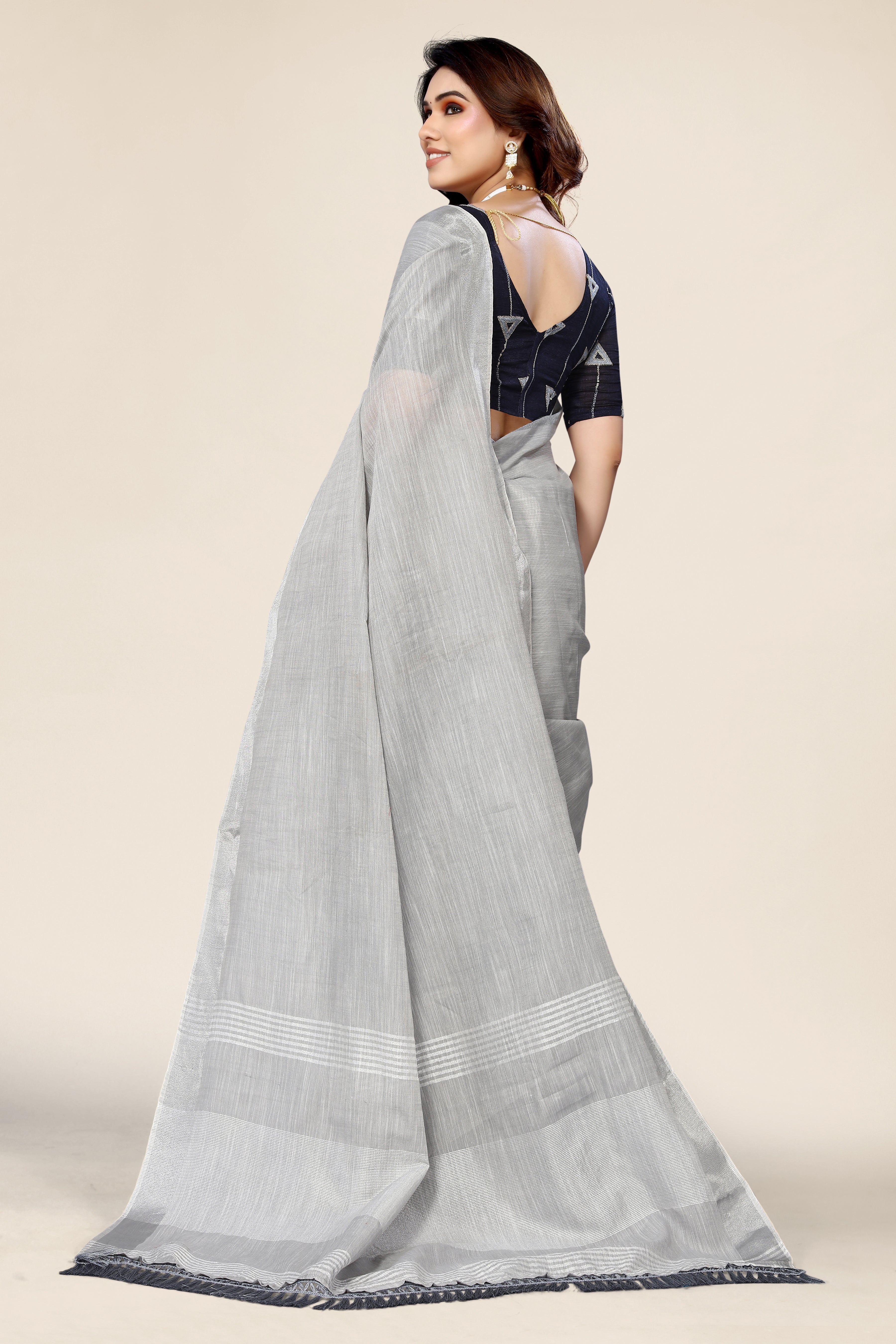 Plain Grey Linen Saree with Embroidered blouse