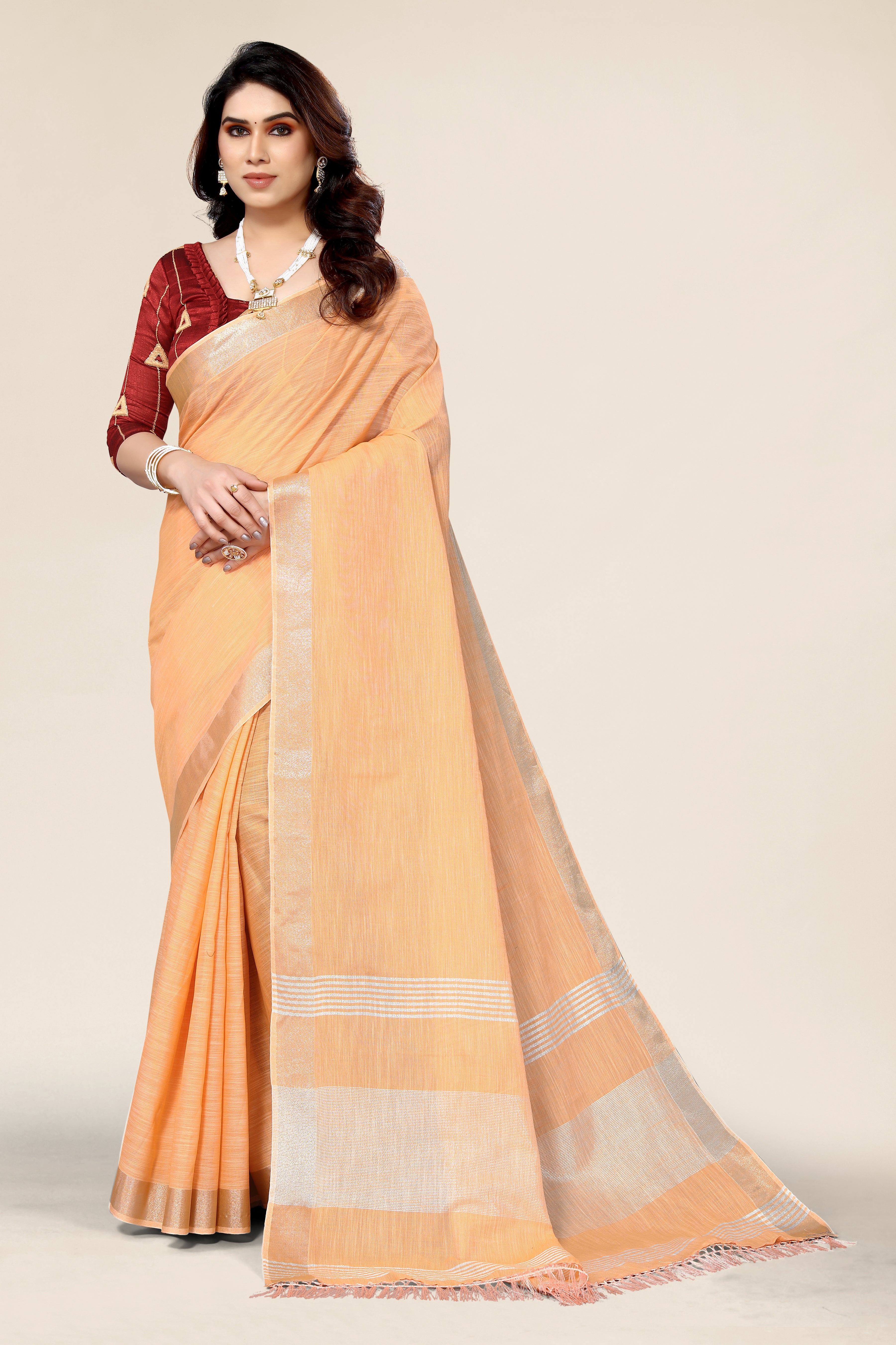 Plain Orange Linen Saree with Embroidered blouse