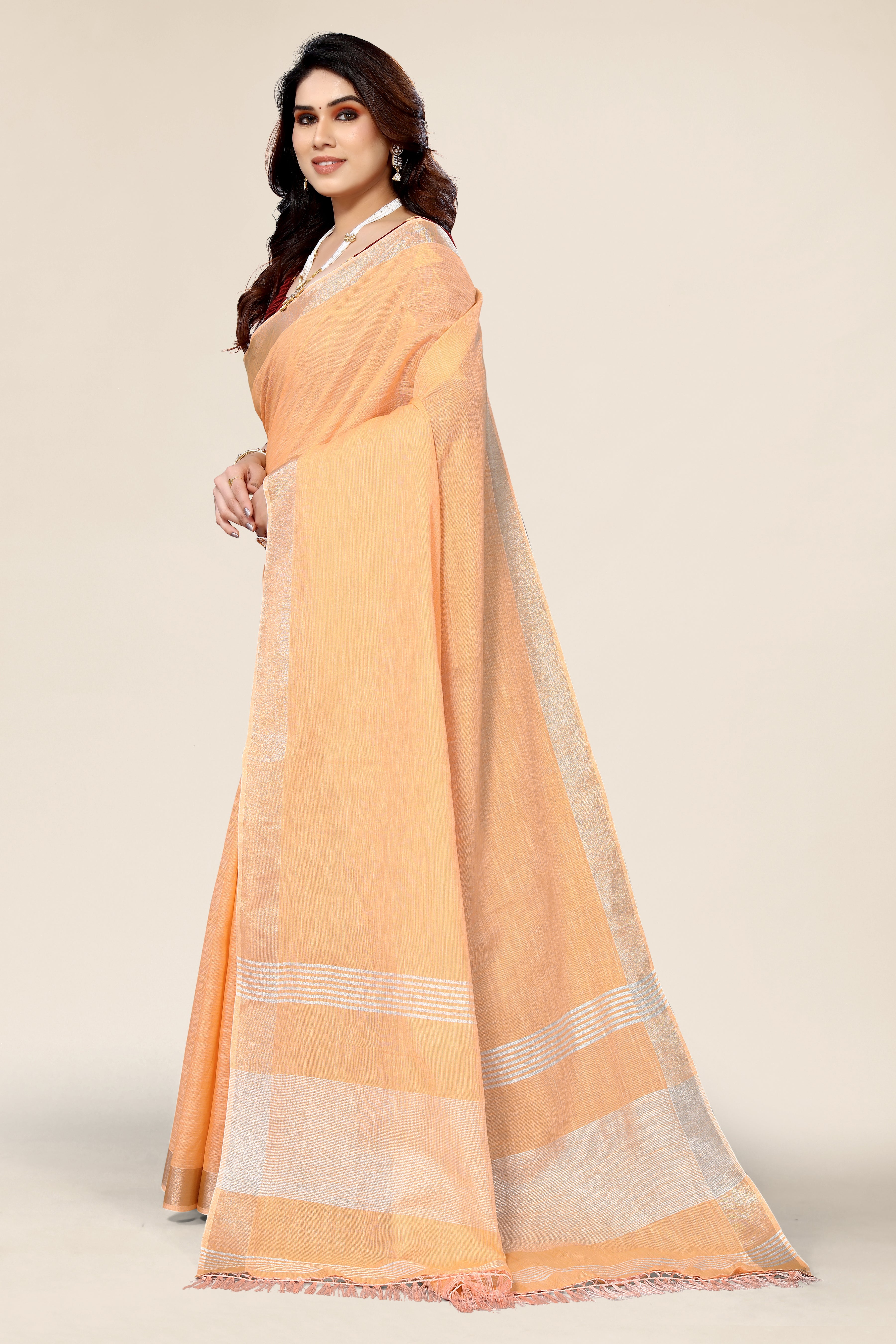 Plain Orange Linen Saree with Embroidered blouse