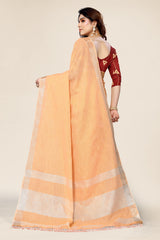 Plain Orange Linen Saree with Embroidered blouse