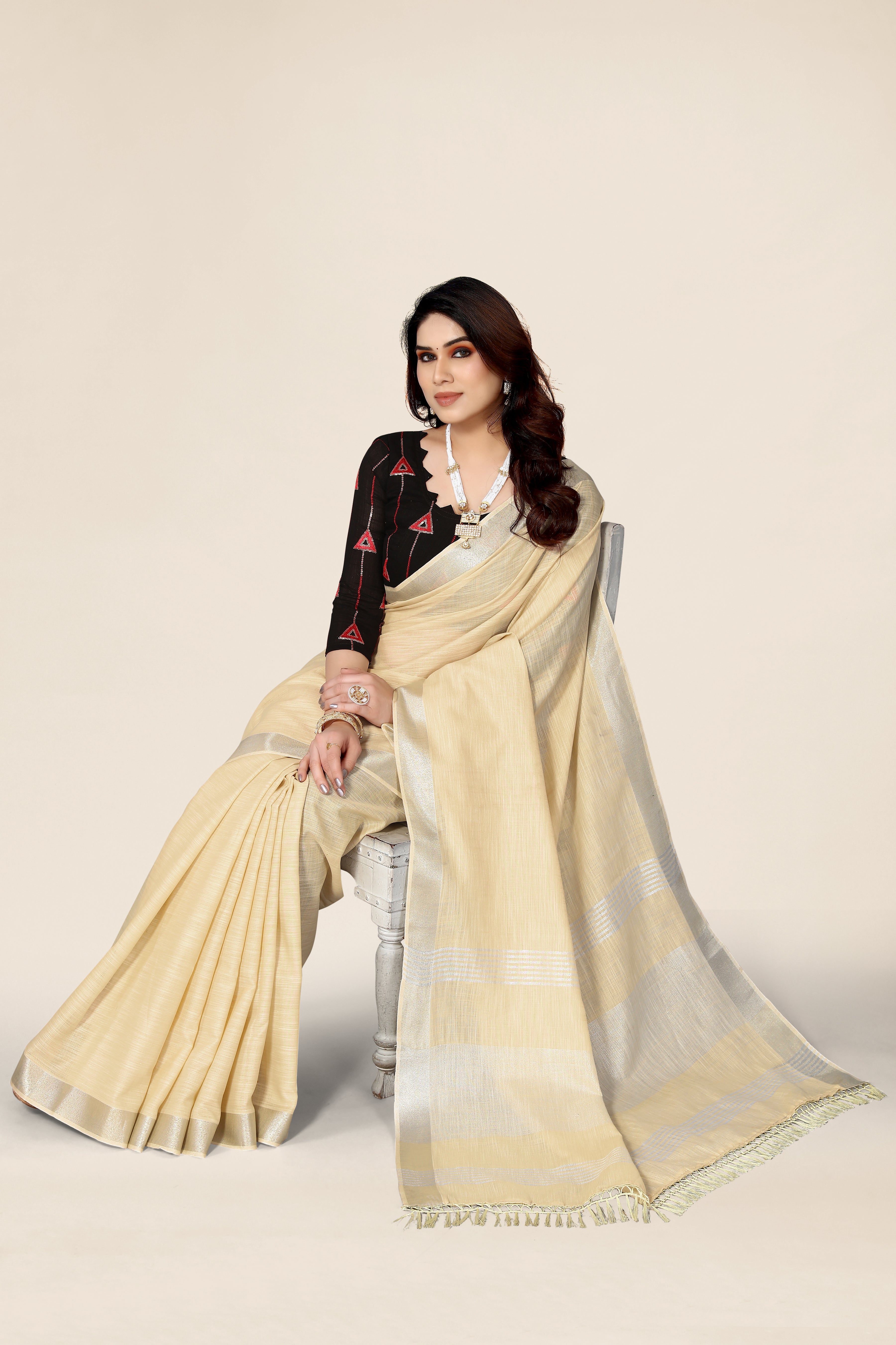 Plain Cream Linen Saree with Embroidered blouse