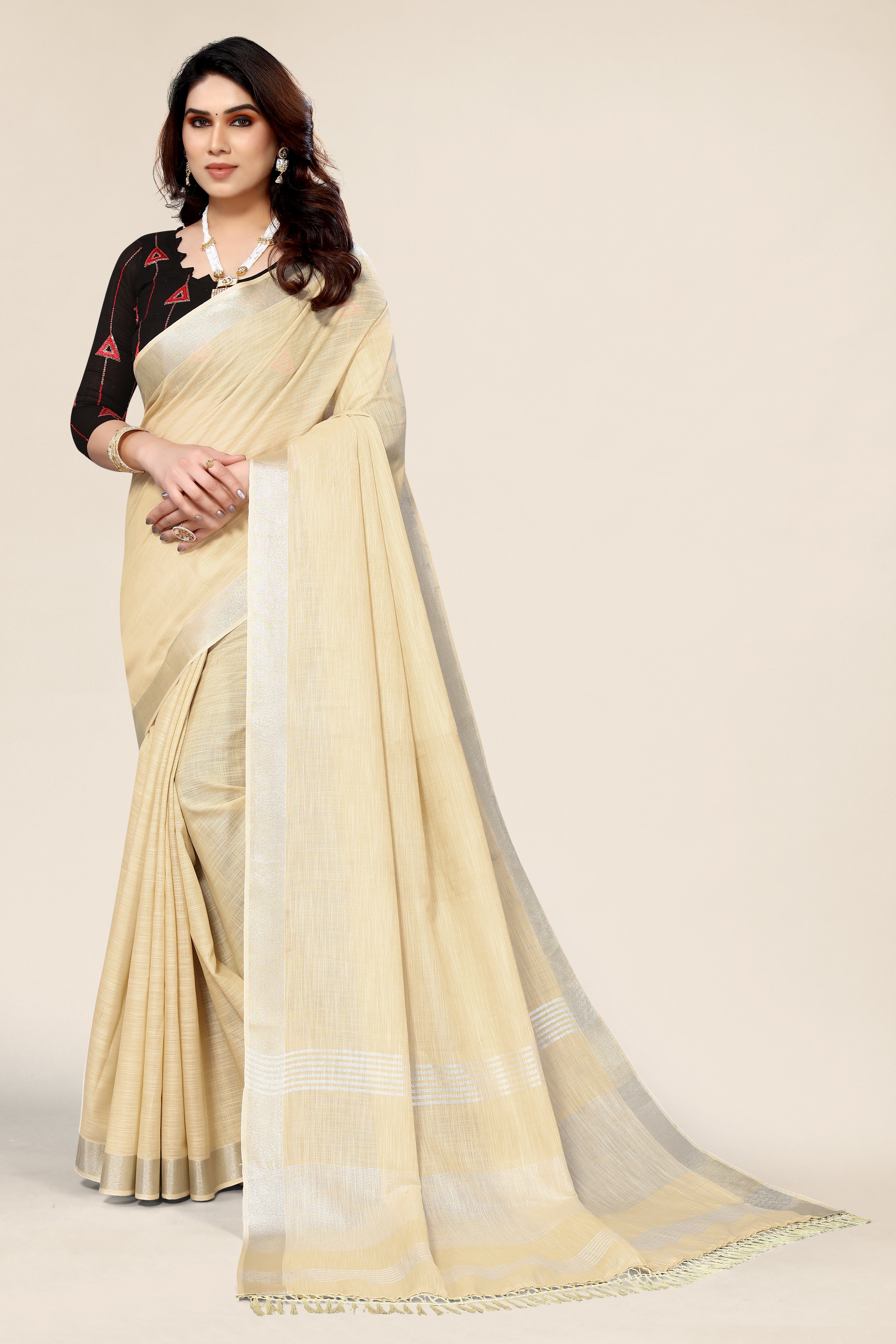 Plain Cream Linen Saree with Embroidered blouse