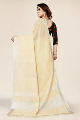 Plain Cream Linen Saree with Embroidered blouse