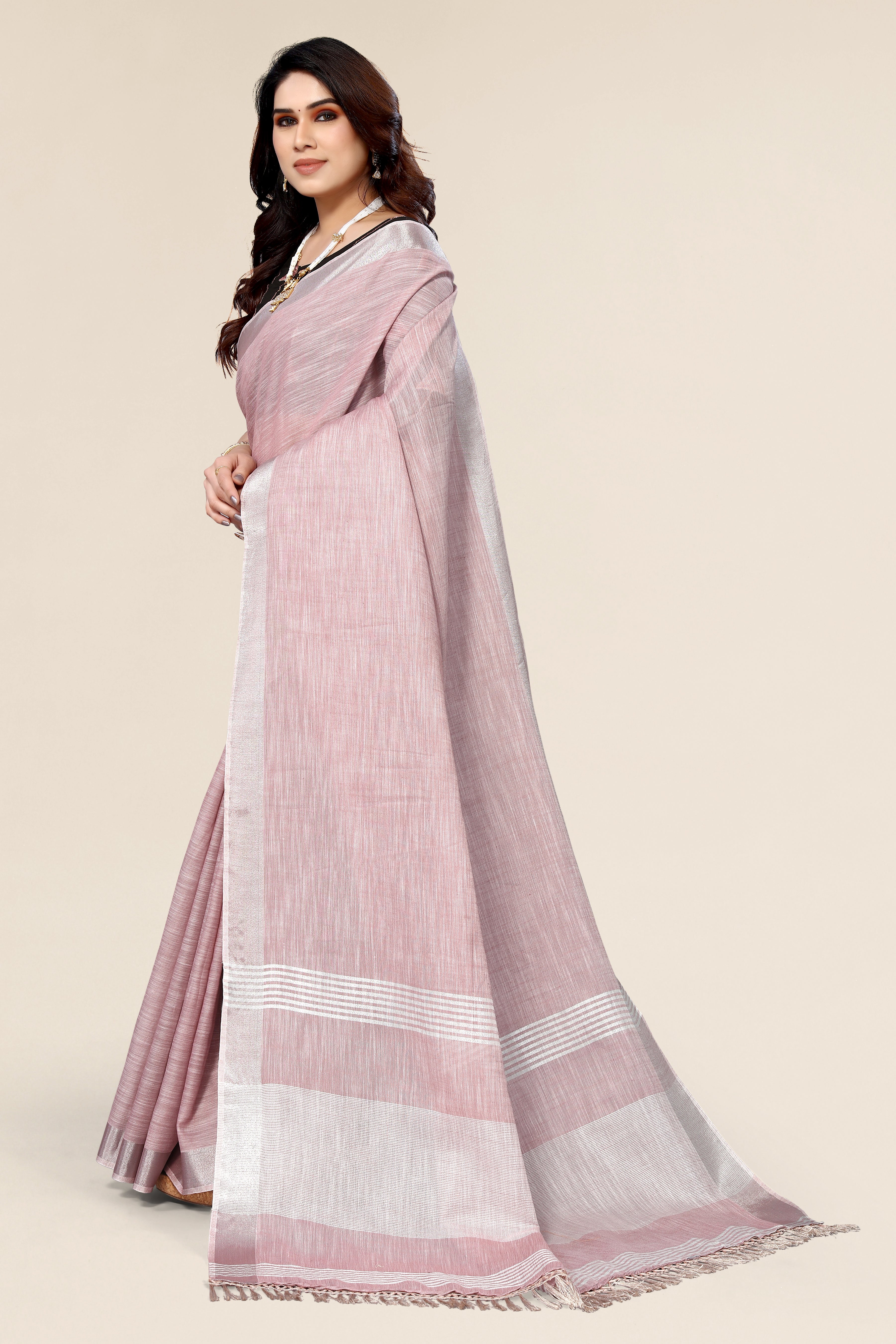 Plain Dark Pink Linen Saree with Embroidered blouse