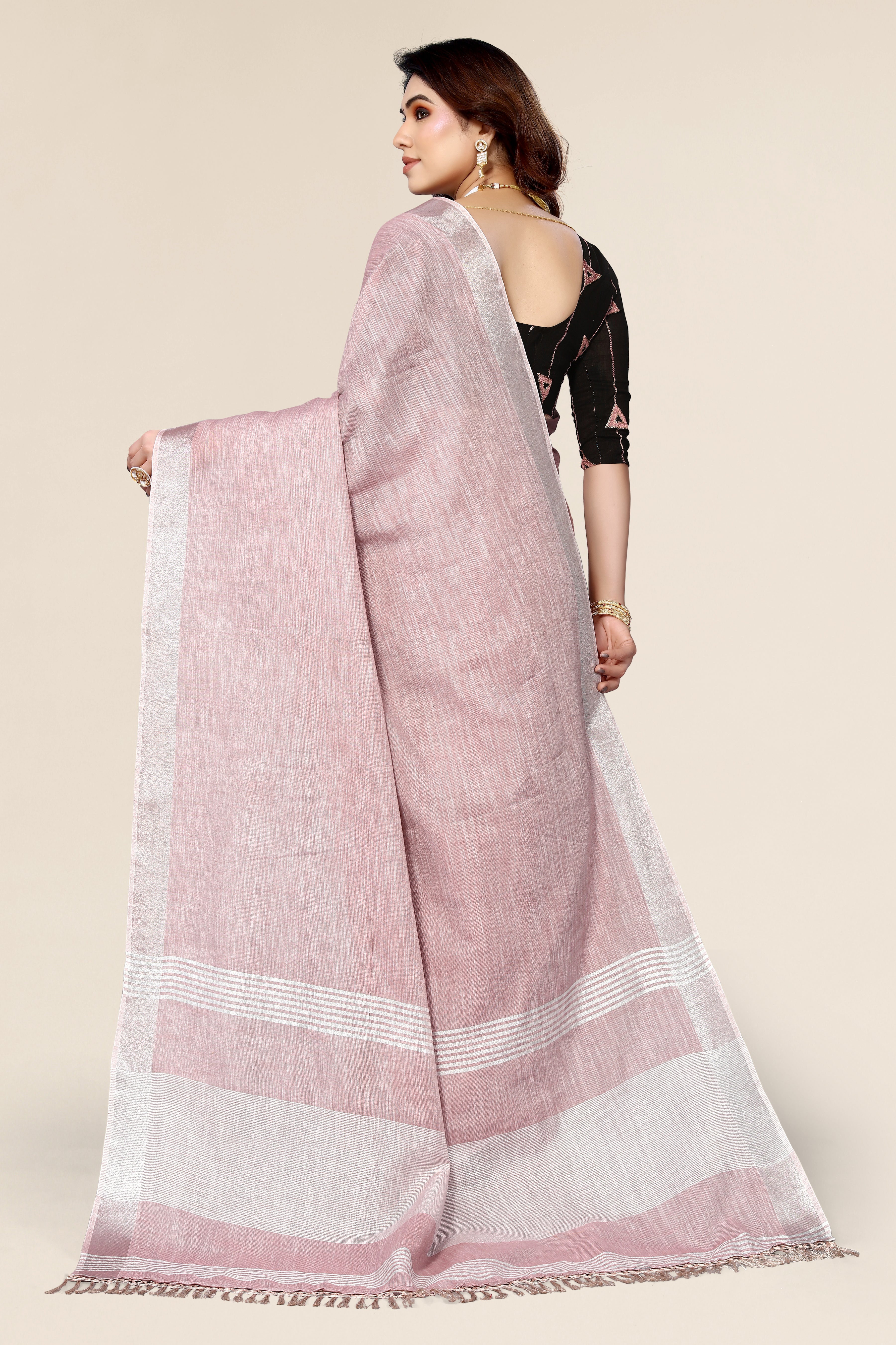 Plain Dark Pink Linen Saree with Embroidered blouse