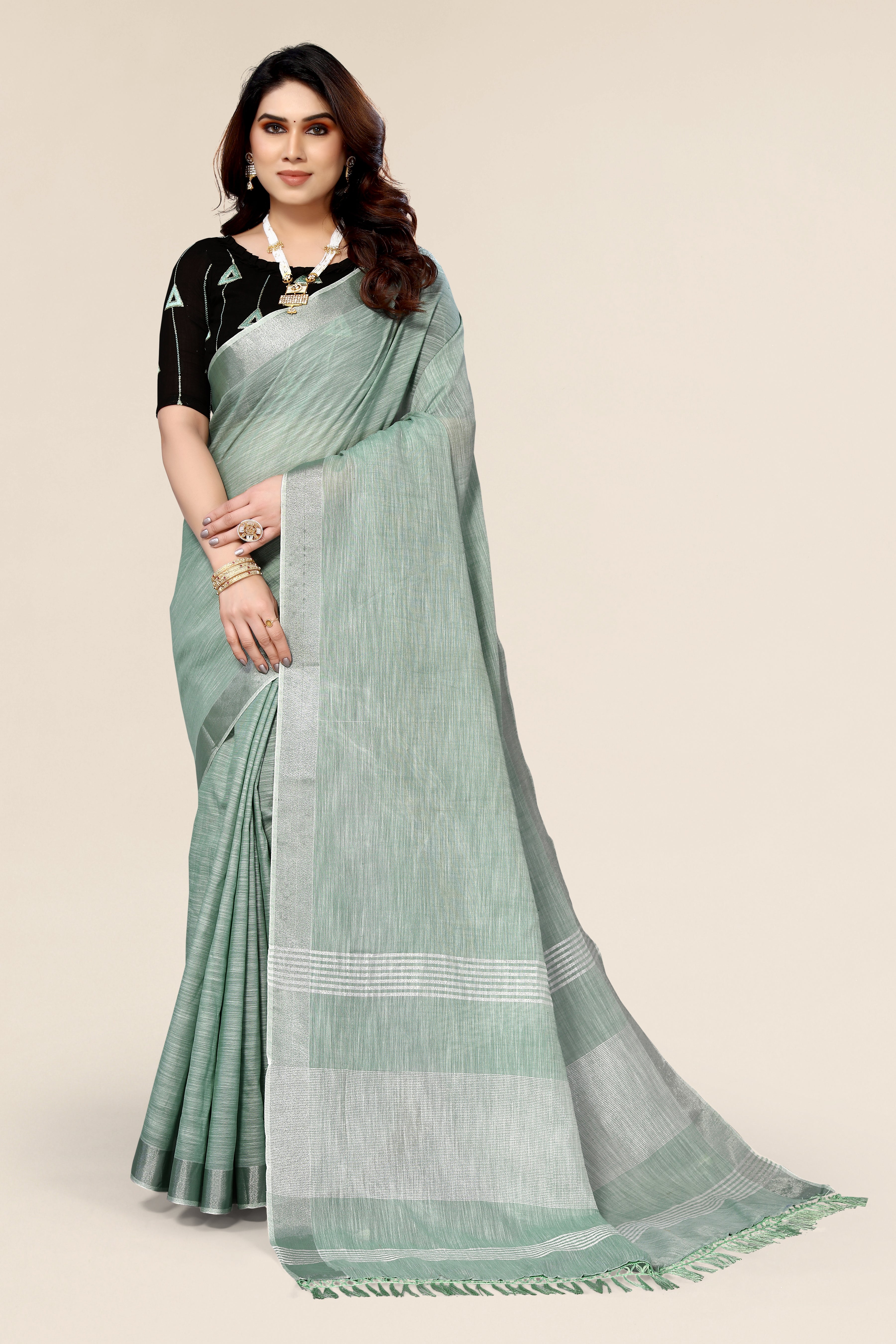 Plain Green Linen Saree with Embroidered blouse