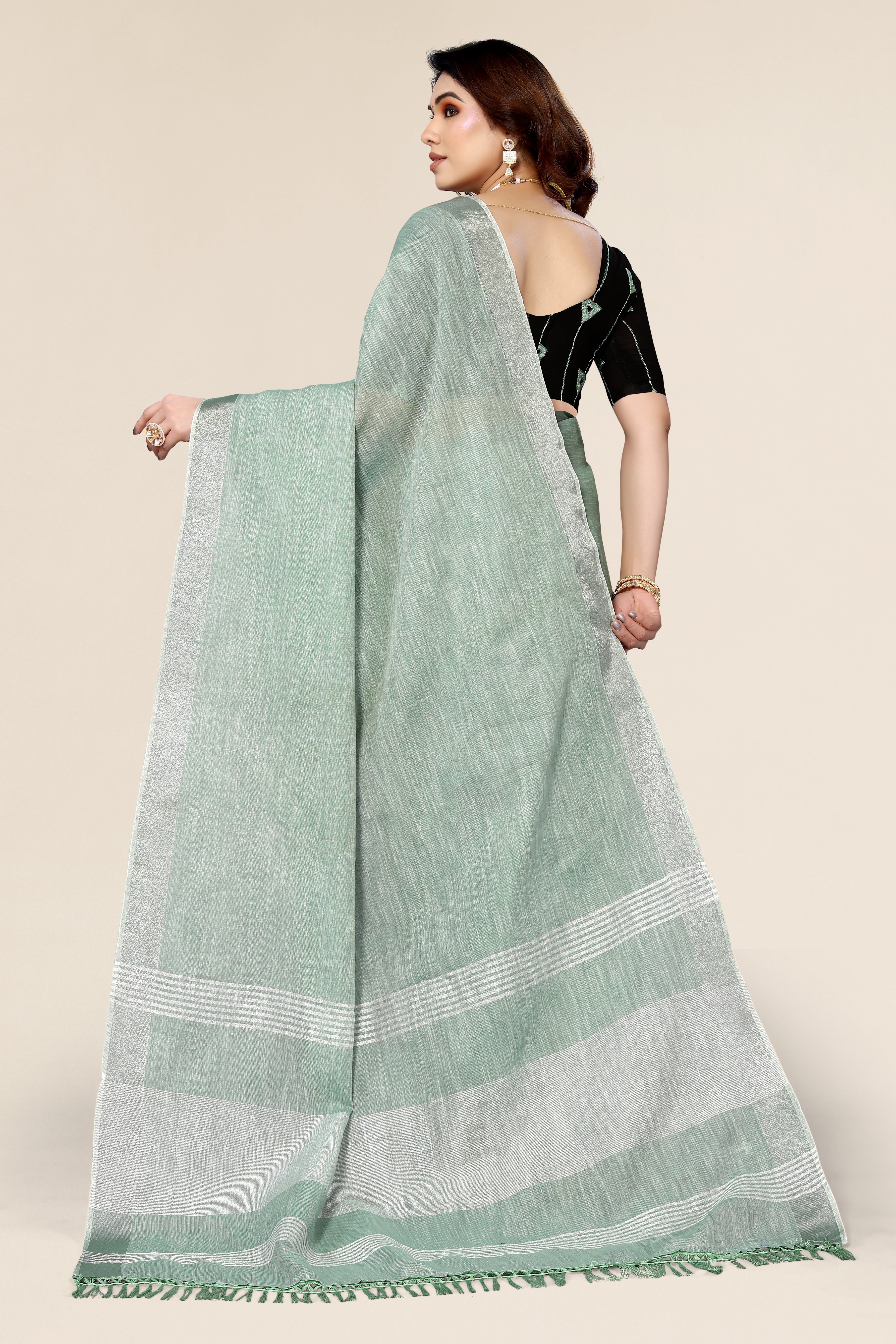 Plain Green Linen Saree with Embroidered blouse